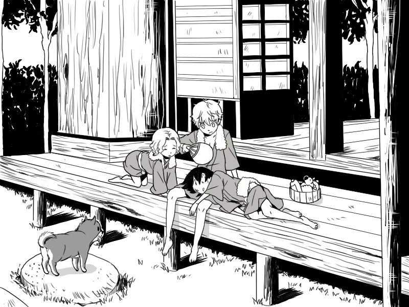 inu777, jini, shiba, kururugi suzaku, lelouch vi britannia, nunnally vi britannia, code geass, bad id, bad pixiv id, 00s, 1girl, 2boys, aged down, all fours, barefoot, child, closed eyes, dog, greyscale, hand fan, japanese clothes, kimono, lying, monochrome, multiple boys, on side, short hair, sitting, yukata