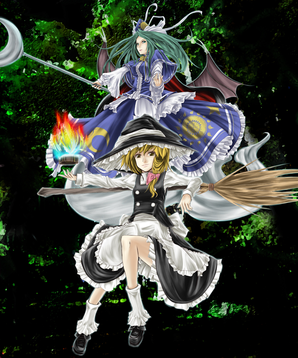 r0g0b0, kirisame marisa, mima (touhou), touhou, touhou (pc-98), bad id, bad pixiv id, highres, 2girls, bat wings, blonde hair, braid, broom, female focus, green eyes, green hair, hat, long hair, mini-hakkero, multiple girls, short hair, wings, witch, witch hat, wizard hat, yellow eyes