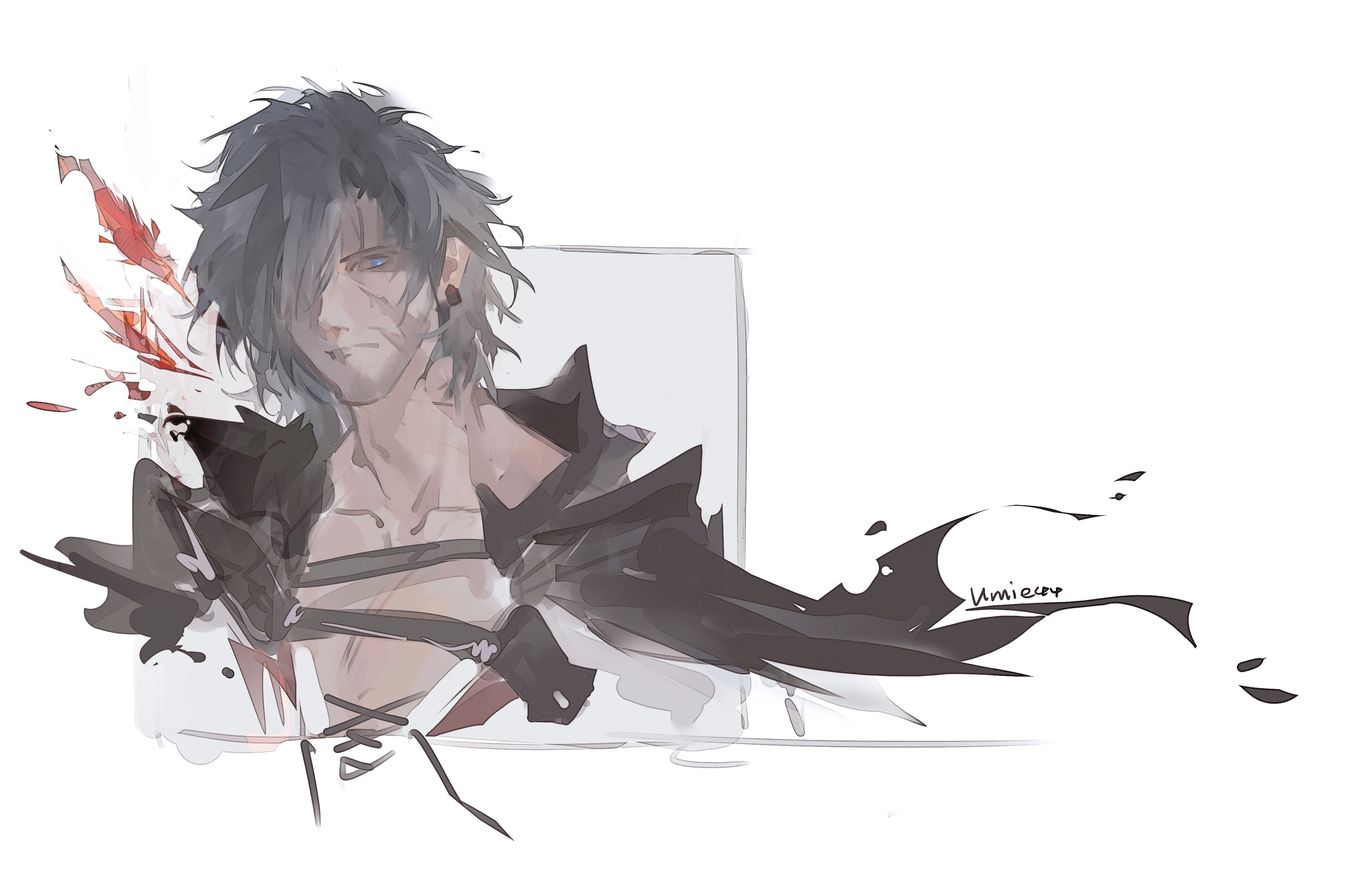 clive rosfield, final fantasy, final fantasy xvi, absurdres, highres, 1boy, artist name, beard stubble, black cloak, black hair, blue eyes, border, chest strap, cloak, closed mouth, earrings, facial hair, facial scar, grey background, hair over one eye, hood, hood down, hooded cloak, jewelry, male focus, pectorals, scar, scar on cheek, scar on face, solo, stubble, umie44, white border