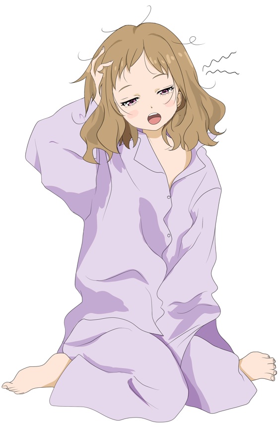 gogottu2000, amanatsu konami, make heroine ga oo sugiru!, 1girl, :o, barefoot, between legs, brown hair, full body, hand between legs, hand on own head, messy hair, open mouth, pajamas, simple background, sitting, solo, wariza, white background