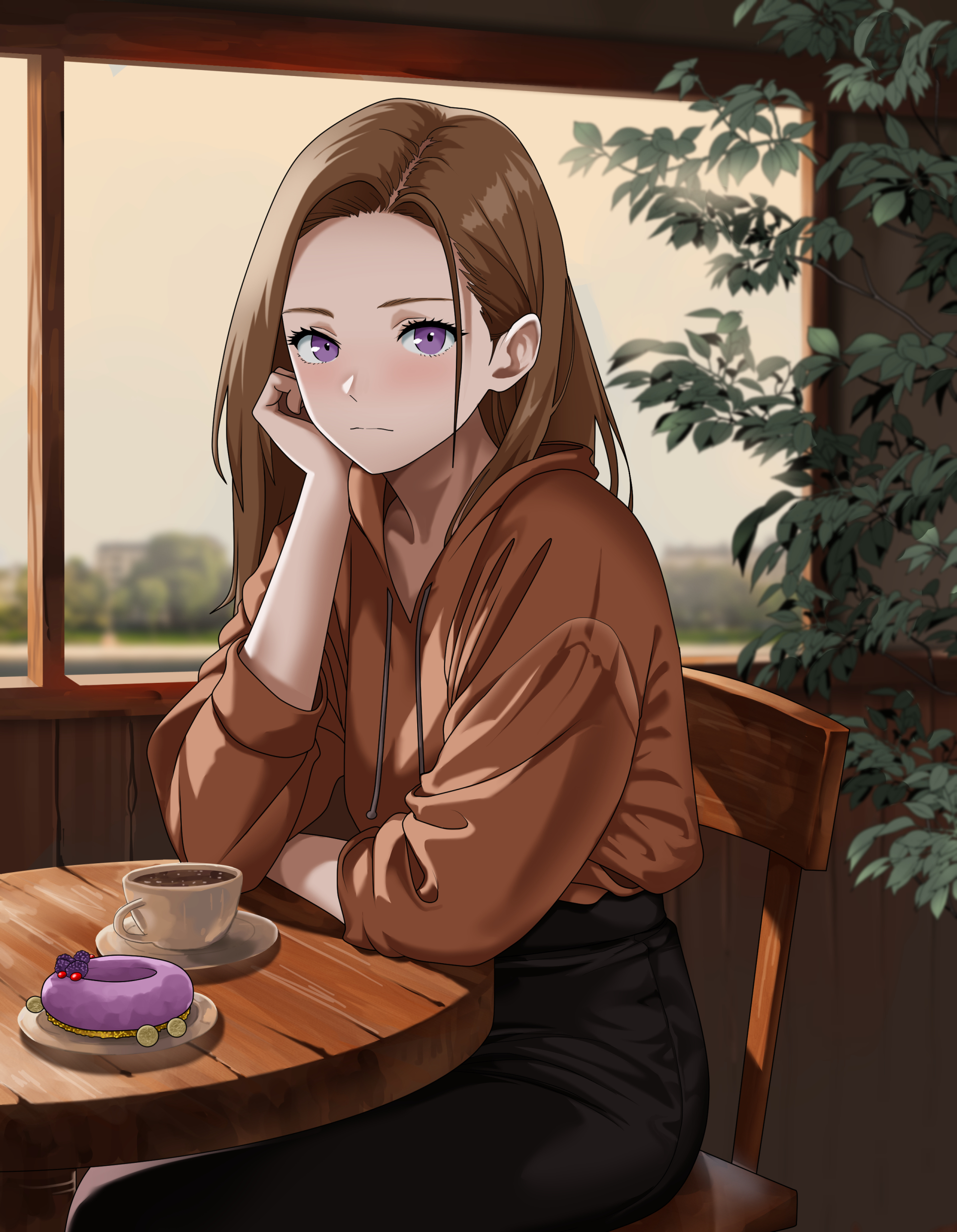 indy k, original, absurdres, highres, 1girl, brown hair, cafe, coffee, cup, donut, food, head rest, indoors, long hair, looking at viewer, purple eyes, sitting, solo