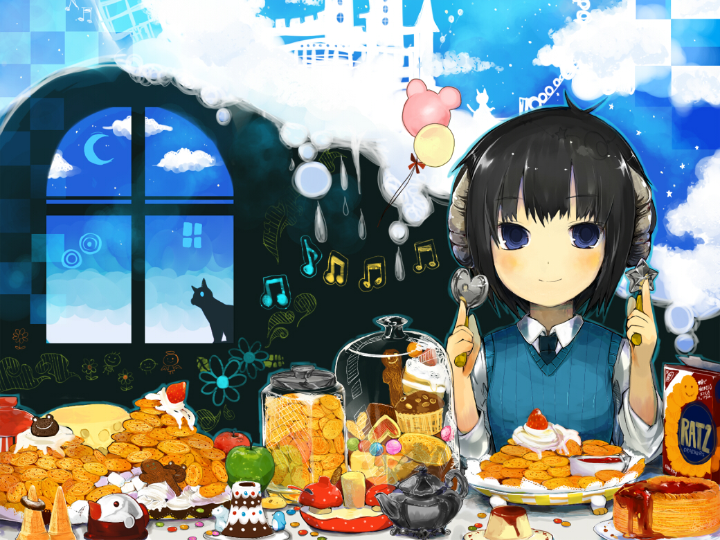 seiju natsumegu, eyebrows, bad id, bad pixiv id, 1girl, apple, balloon, beamed quavers, black hair, blue eyes, blush, cake, cloud, cookie, crescent moon, day, female focus, flower, food, fruit, happy, heart, heart-shaped food, holding, horns, jar, moon, musical note, necktie, pastry, quaver, short hair, silhouette, smile, solo, stick figure, strawberry, sweets, teapot, window