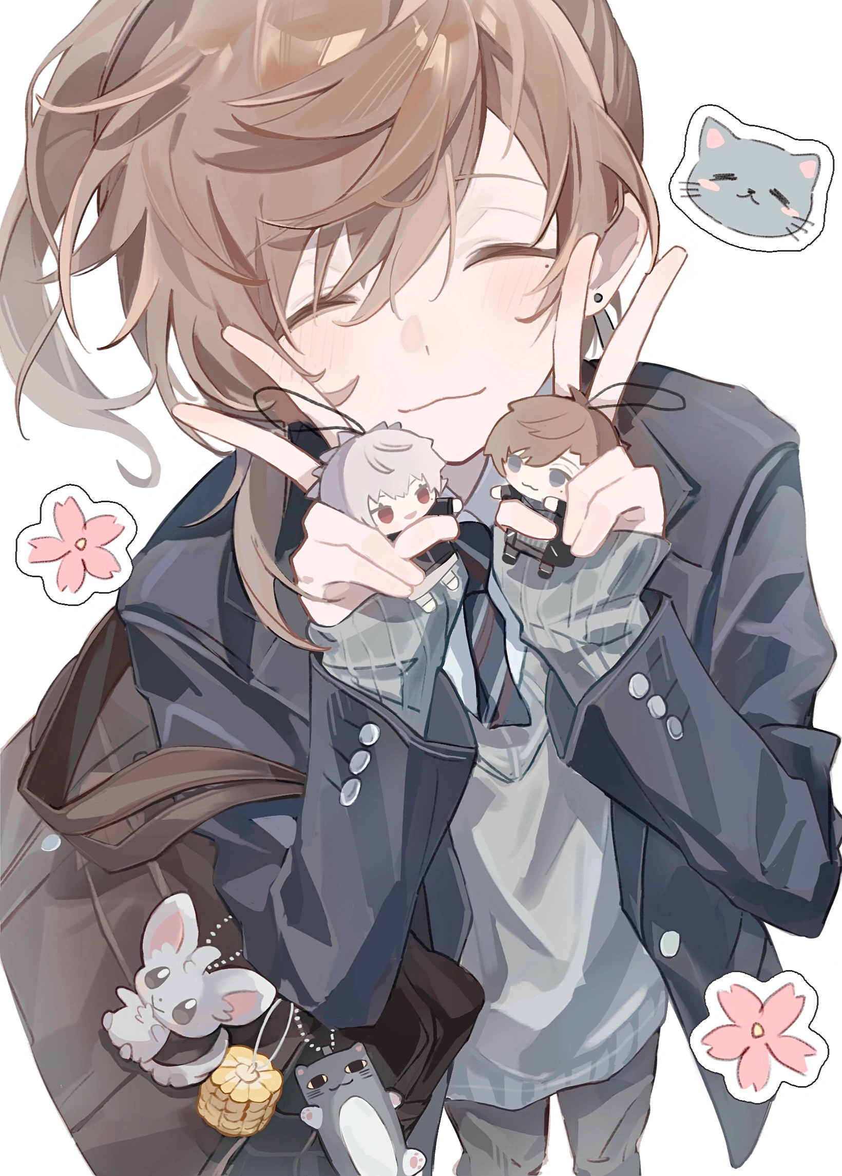 kanae (nijisanji), kuzuha (nijisanji), nijisanji, chinese commentary, commentary request, costume request, highres, 1boy, :3, alternate costume, bag, bag charm, black pants, brown hair, character charm, character doll, charm (object), closed eyes, doll, double v, earrings, facing viewer, flower sticker, from above, grey sweater, guji (gujji 0302), hair between eyes, jacket, jewelry, light blush, long hair, long sleeves, male focus, mole, mole under eye, necktie, pants, school bag, shirt, shoulder bag, smile, solo, sticker, striped necktie, stud earrings, sweater, v, virtual youtuber, white shirt