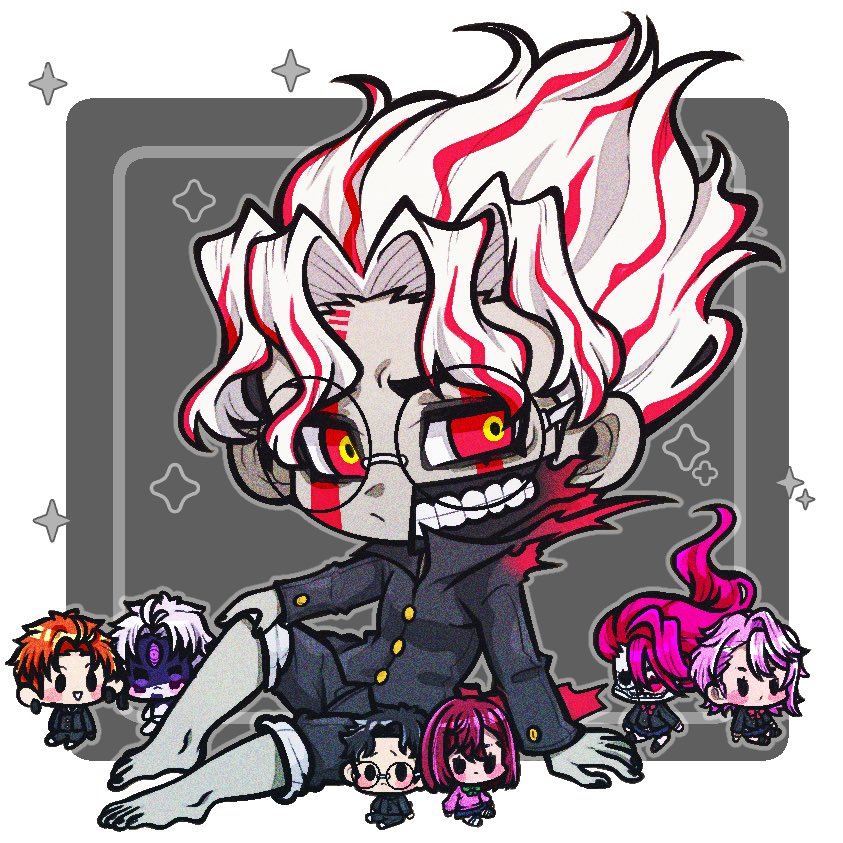 acrobatic silky (dandadan), ayase momo, enjoji jin, evil eye (dandadan), shiratori aira (dandadan), takakura ken (dandadan), takakura ken (transformed) (dandadan), dandadan, 3girls, 4boys, barefoot, bikini, black hair, black jacket, black nails, black pants, blush, border, brown hair, chibi, chibi only, colored skin, dual persona, earrings, facial mark, furrowed brow, gakuran, glasses, gold bikini, grey background, grey skin, hair between eyes, jacket, jewelry, ka ku 23, light frown, long hair, medium hair, multicolored hair, multiple boys, multiple girls, nail polish, orange hair, pants, pants rolled up, parted bangs, parted lips, pink hair, pink sweater, red eyes, red hair, ringed eyes, round eyewear, school uniform, short hair, sitting, smile, streaked hair, sweater, swimsuit, teeth, third eye, toenail polish, toenails, wavy hair, white border, white hair