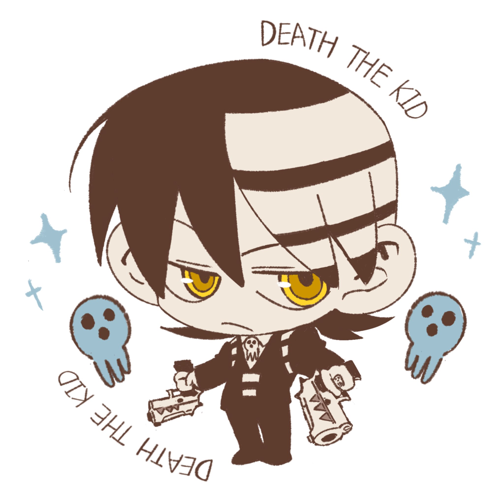 death the kid, soul eater, hashtag-only commentary, highres, 1boy, black hair, black jacket, catfish05, character name, chibi, chibi only, closed mouth, full body, gangsta hold, gun, handgun, holding, holding gun, holding weapon, jacket, looking to the side, male focus, pants, short hair, simple background, skull brooch, skull ring, solo, sparkle, standing, striped hair, weapon, white background, yellow eyes