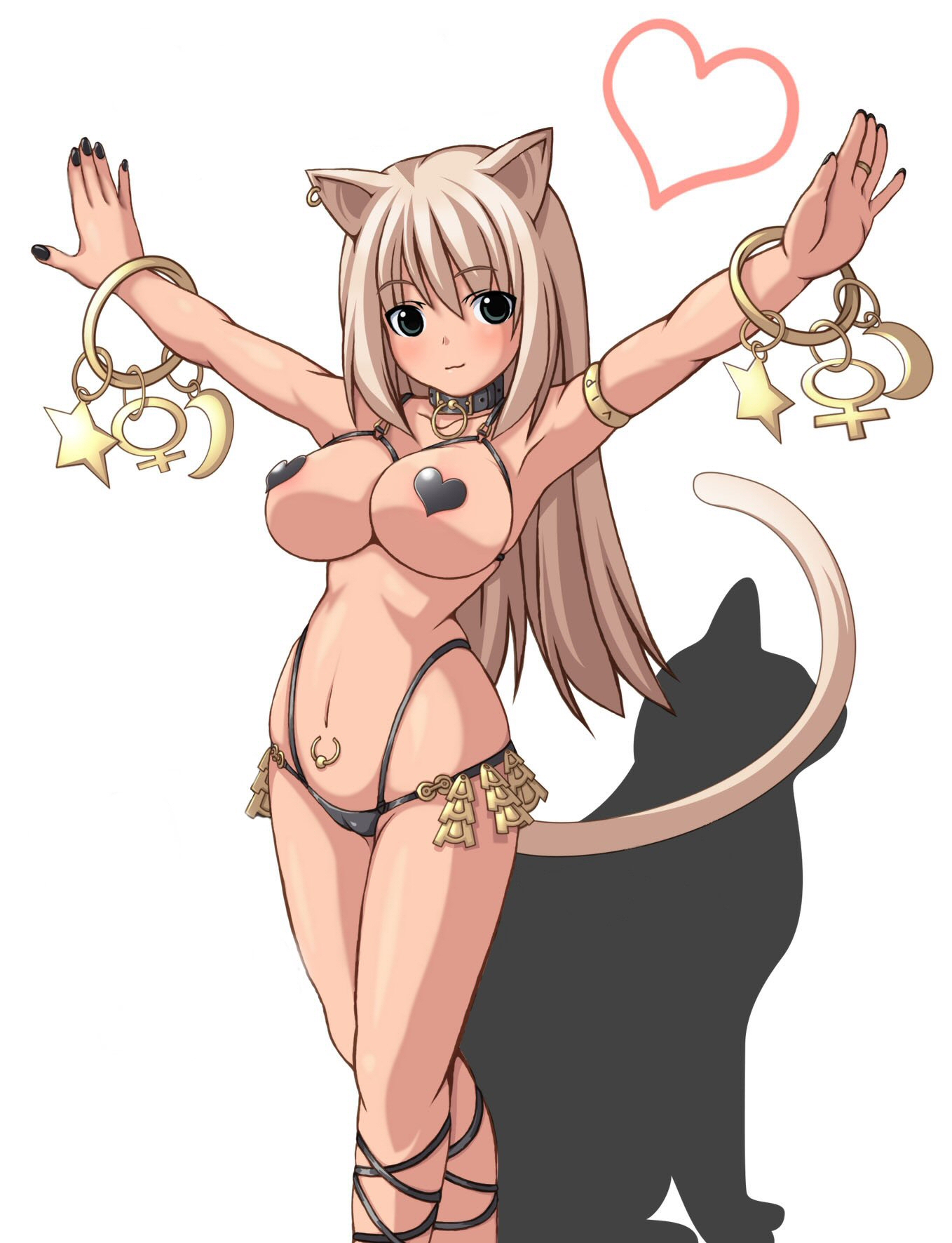 artist request, highres, animal ears, blonde hair, cameltoe, cat ears, cat tail, collar, jewelry, legs, long hair, pasties, tail