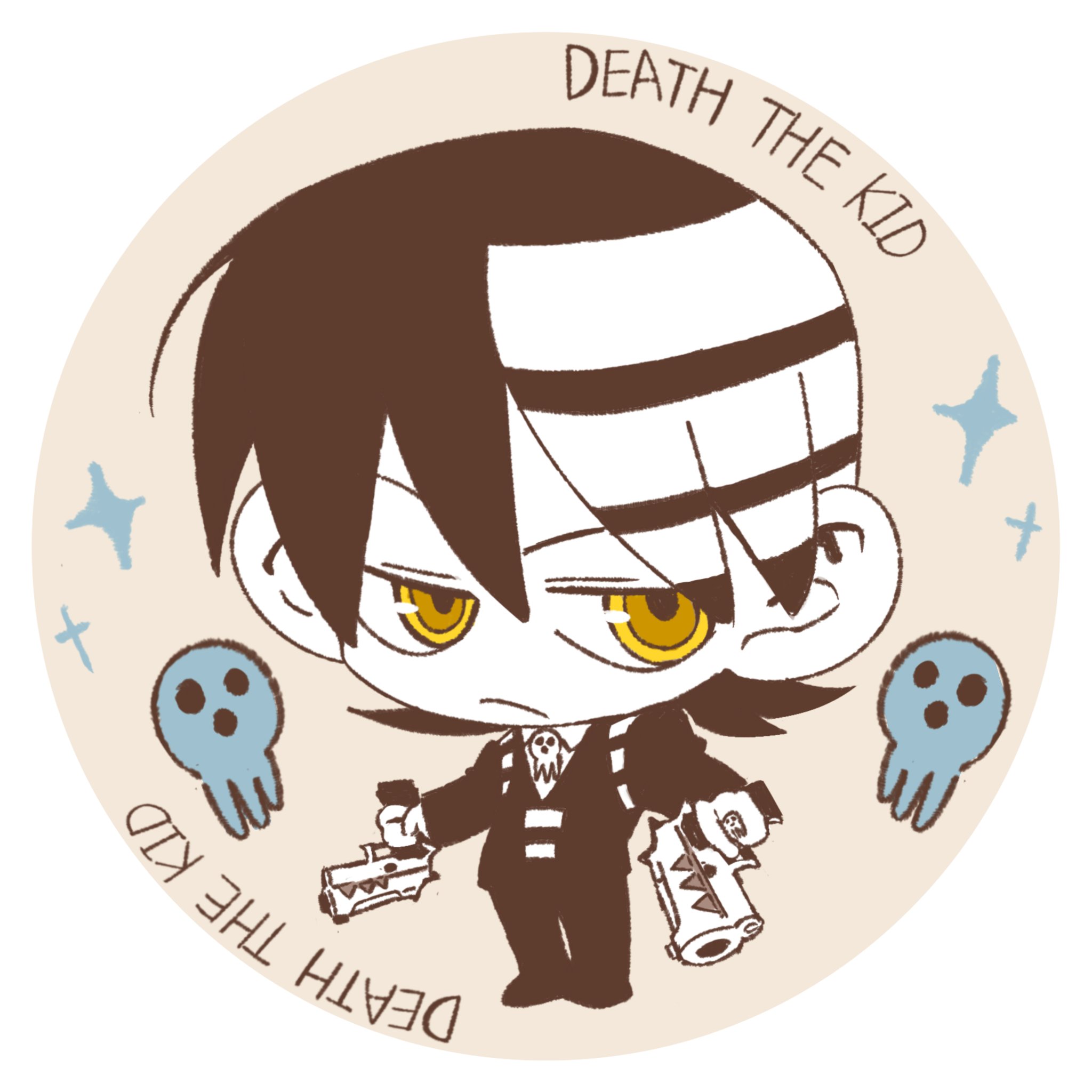 death the kid, soul eater, hashtag-only commentary, highres, 1boy, black hair, black jacket, catfish05, character name, chibi, chibi only, closed mouth, full body, gangsta hold, gun, handgun, holding, holding gun, holding weapon, jacket, looking to the side, male focus, pants, short hair, simple background, skull brooch, skull ring, solo, sparkle, standing, striped hair, weapon, white background, yellow eyes