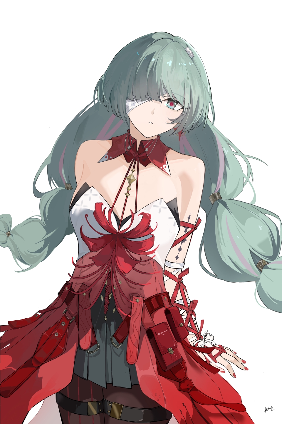 phrolova (wuthering waves), wuthering waves, commentary, highres, 1girl, bandage over one eye, bare shoulders, black pantyhose, black skirt, braid, breasts, cowboy shot, dress, fingernails, grey eyes, grey hair, halter dress, halterneck, long hair, looking at viewer, low twin braids, medium breasts, multicolored hair, nail polish, pantyhose, parted lips, red dress, red nails, signature, simple background, skirt, solo, streaked hair, tacet mark (wuthering waves), twin braids, white background, yu jing (047681ane)