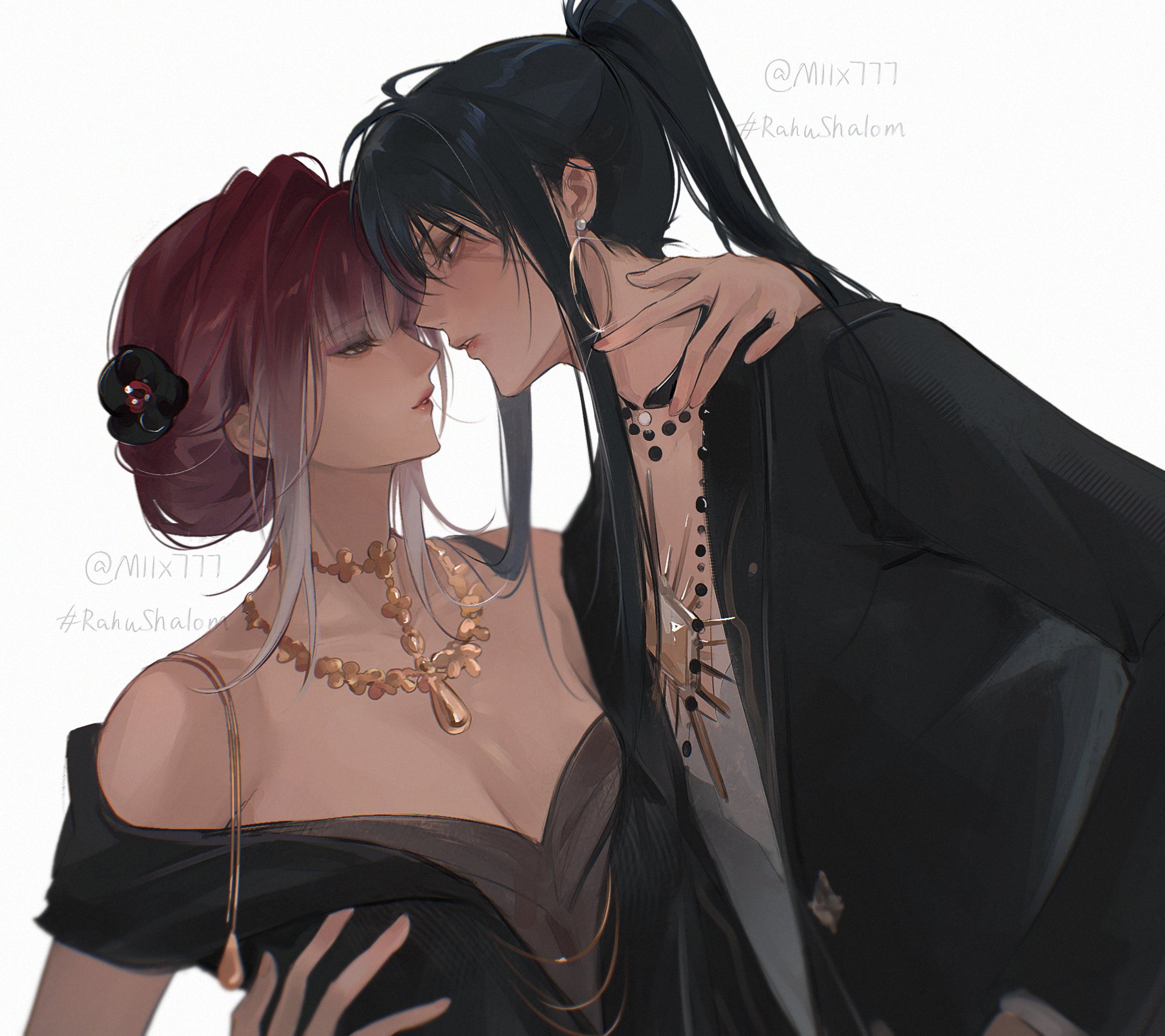 miix777, rahu (path to nowhere), shalom (path to nowhere), path to nowhere, commentary, highres, 2girls, bare shoulders, black dress, black hair, black jacket, breasts, cleavage, dress, earrings, gradient hair, hand on another's shoulder, hoop earrings, jacket, jewelry, long hair, looking at another, medium breasts, multicolored hair, multiple girls, necklace, off-shoulder dress, off shoulder, parted lips, ponytail, red hair, scar, scar across eye, scar on face, simple background, twitter username, white background, white hair, yuri