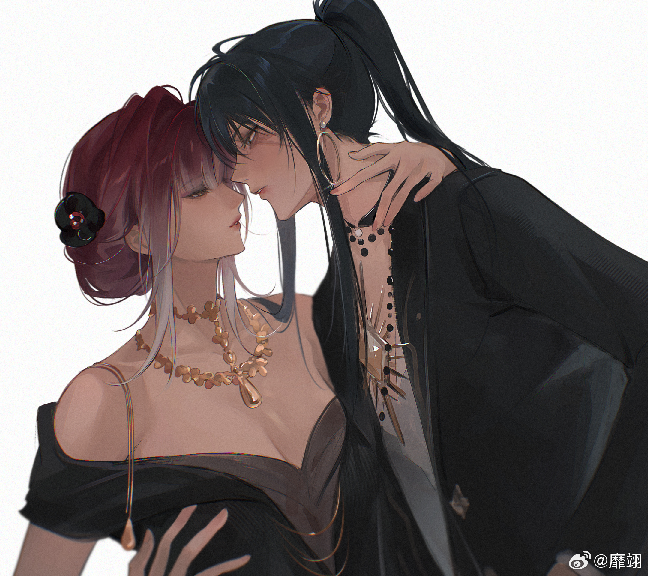 miix777, rahu (path to nowhere), shalom (path to nowhere), path to nowhere, highres, 2girls, bare shoulders, black dress, black hair, black jacket, breasts, cleavage, dress, earrings, gradient hair, hand on another's shoulder, hoop earrings, jacket, jewelry, long hair, looking at another, medium breasts, multicolored hair, multiple girls, necklace, off-shoulder dress, off shoulder, parted lips, ponytail, red hair, scar, scar across eye, scar on face, simple background, watermark, weibo watermark, white background, white hair, yuri