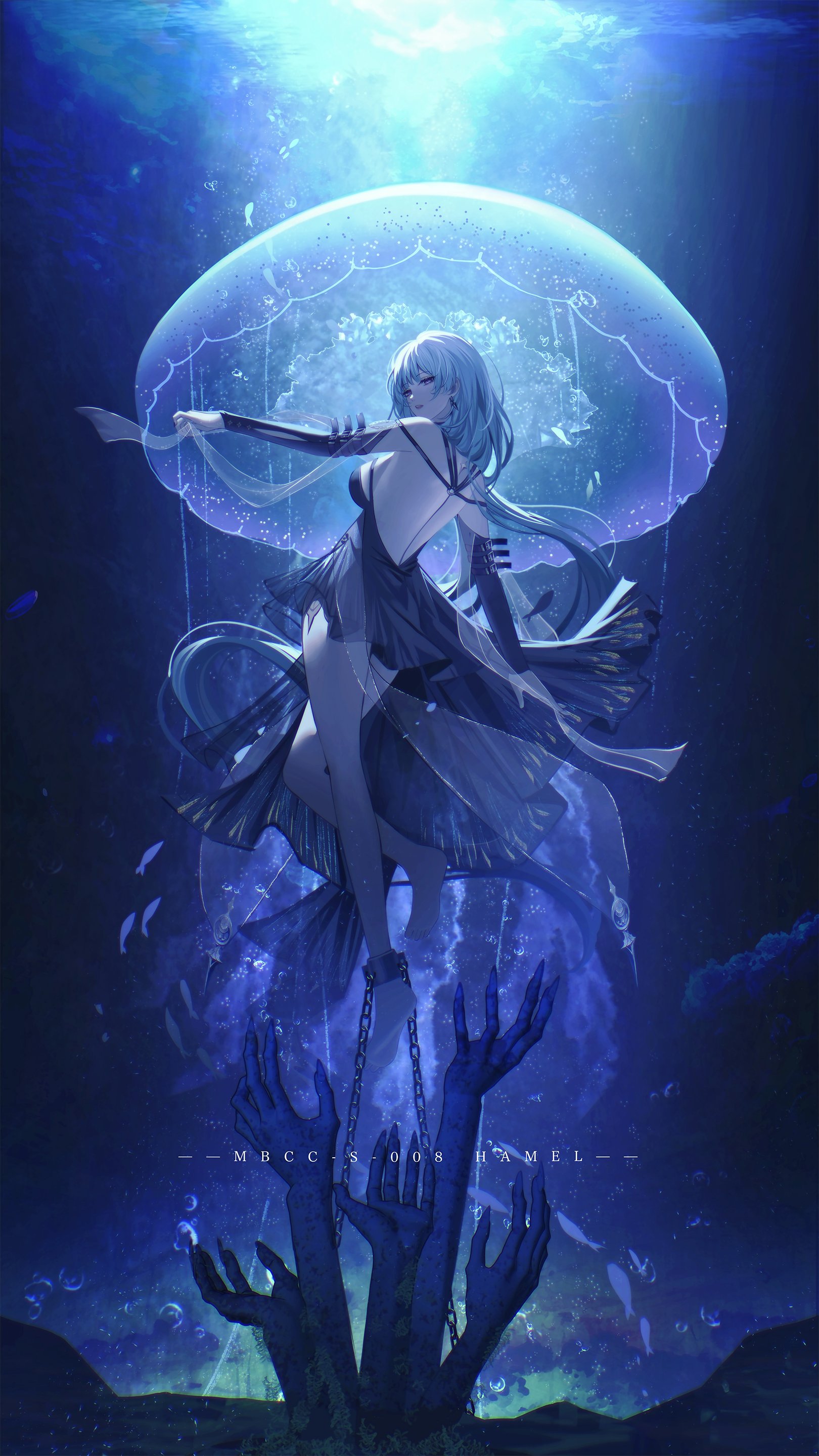 raindrop.tw, path to nowhere, character request, 1girl, animal, ass, back, backboob, bare shoulders, barefoot, breasts, bubble, chain, chained, cuffs, detached sleeves, dress, extra arms, feet, fish, full body, grey hair, jellyfish, large breasts, long hair, looking back, ocean, oversized animal, scenery, shackles, soles, underwater