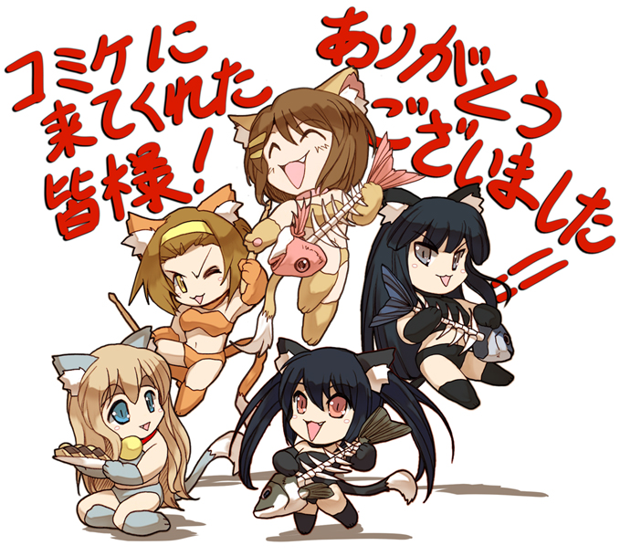 hisahiko, akiyama mio, hirasawa yui, kotobuki tsumugi, nakano azusa, tainaka ritsu, k-on!, translated, 00s, 5girls, :>, :3, animal ears, bare shoulders, bikini, black bikini, black gloves, black hair, blush, brown hair, cat ears, cat tail, chibi, cookie, drumsticks, elbow gloves, fang, fish, food, full body, gloves, grey bikini, grey eyes, grey gloves, hair ornament, hairclip, ho-kago tea time, kemonomimi mode, long hair, looking at viewer, multiple girls, navel, orange bikini, orange gloves, red eyes, short hair, simple background, sitting, slit pupils, stomach, swimsuit, tail, triangle mouth, twintails, v-shaped eyebrows, very long hair, white background, yokozuwari