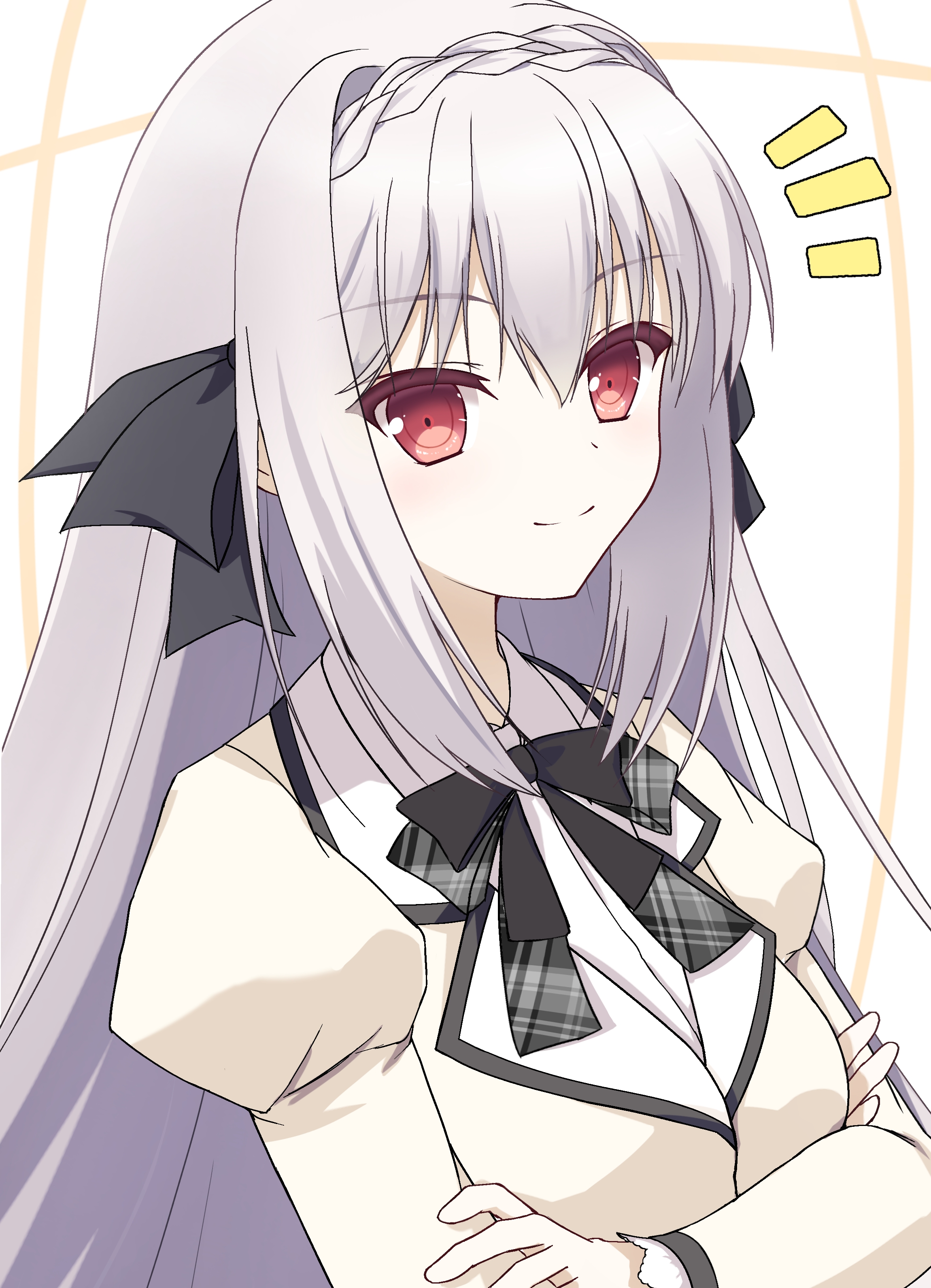 1230 mochi, sakurakouji luna, tsuki ni yorisou otome no sahou, absurdres, commentary request, highres, 1girl, black bow, black bowtie, blush, bow, bowtie, braid, closed mouth, collared shirt, crossed arms, crown braid, grey hair, hair between eyes, hair bow, jacket, juliet sleeves, long hair, long sleeves, looking at viewer, notice lines, puffy sleeves, red eyes, school uniform, shirt, sidelocks, simple background, smile, solo, split mouth, straight hair, upper body, very long hair, white background, white shirt, yellow jacket