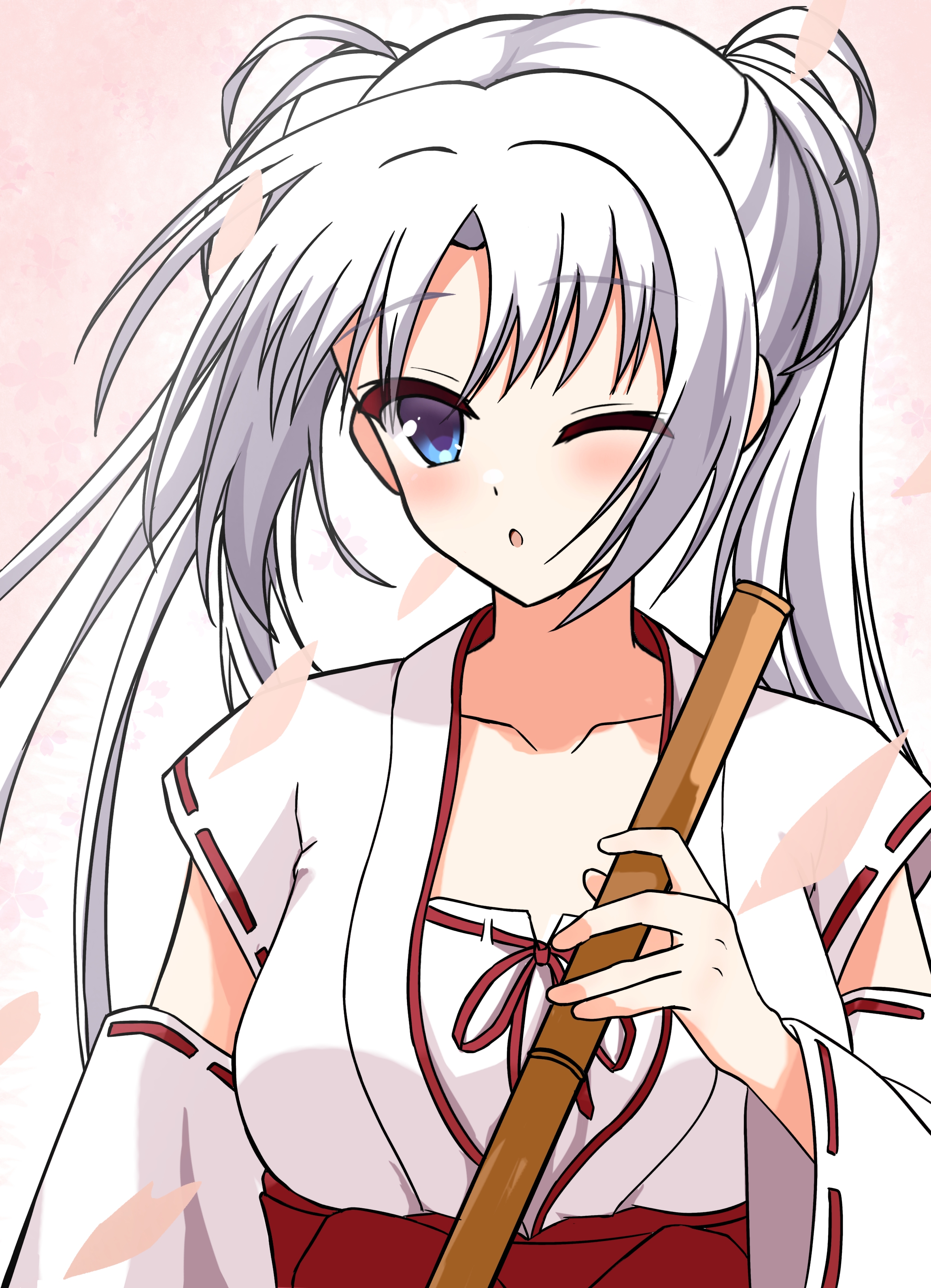 1230 mochi, tomotake yoshino, senren banka, absurdres, commentary request, highres, 1girl, ;o, blue eyes, blush, breasts, broom, cherry blossoms, collarbone, detached sleeves, floating hair, hair between eyes, holding, holding broom, japanese clothes, kimono, large breasts, long hair, long sleeves, looking at viewer, nontraditional miko, one eye closed, open mouth, outdoors, red ribbon, ribbon, ribbon-trimmed kimono, ribbon-trimmed sleeves, ribbon trim, sidelocks, simple background, solo, twintails, upper body, very long hair, white background, white hair, white kimono, wide sleeves, wind