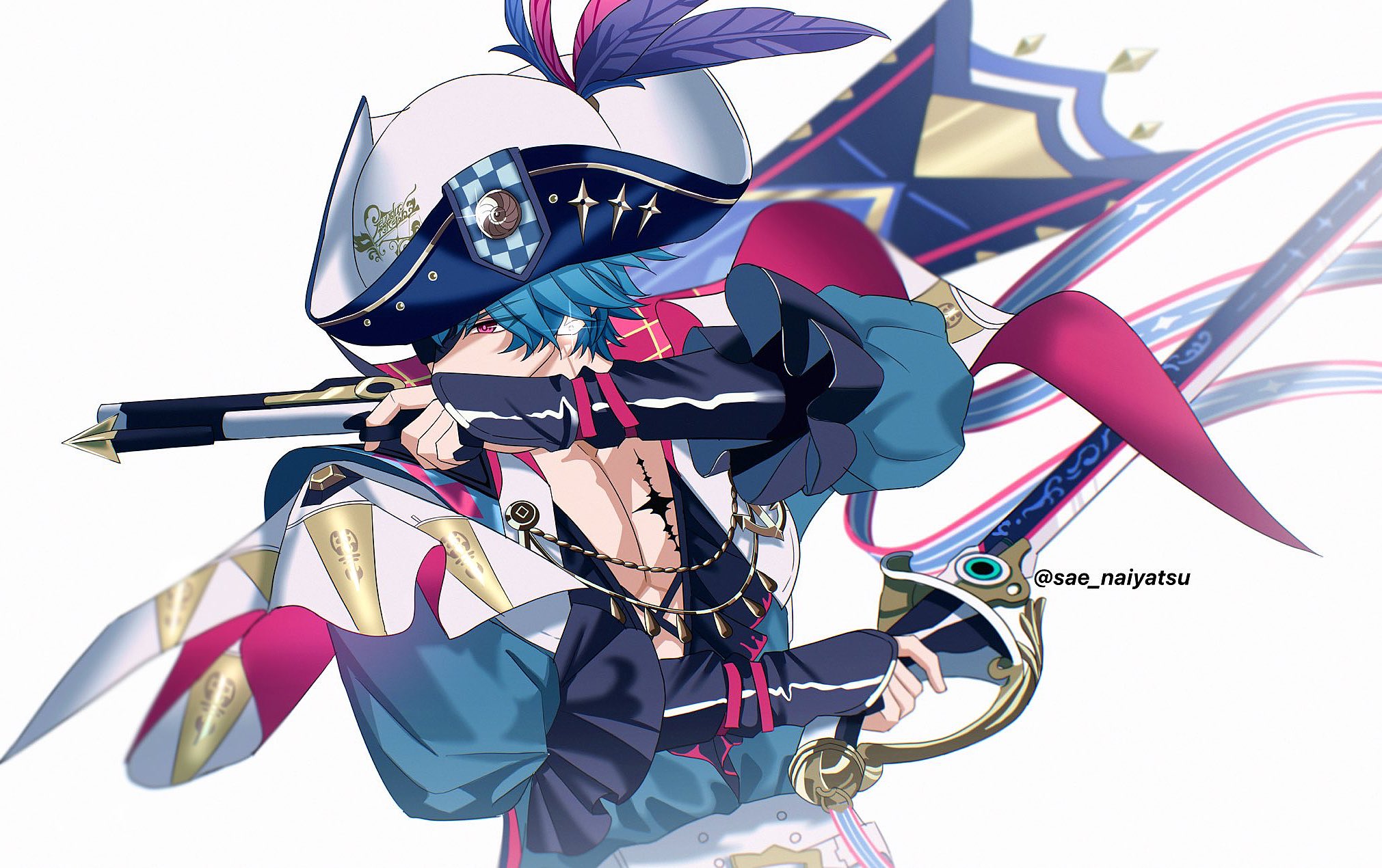 brant (wuthering waves), wuthering waves, commentary, highres, symbol-only commentary, 1boy, asymmetrical dual wielding, blue hair, blue shirt, cutlass, dual wielding, glowing, gun, hat, hat feather, holding, holding gun, holding sword, holding weapon, male focus, open clothes, open shirt, pink eyes, sae naiyatsu, shirt, short hair, simple background, solo, sword, tacet mark (wuthering waves), toned, toned male, tricorne, twitter username, weapon, white background