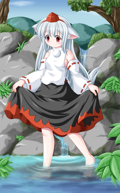 riku (rikkuru), inubashiri momiji, touhou, 1girl, alternate hairstyle, animal ears, barefoot, clothes lift, detached sleeves, female focus, hat, long hair, nature, red eyes, skirt, skirt hold, skirt lift, soaking feet, solo, tokin hat, wading, water, white hair, wolf ears