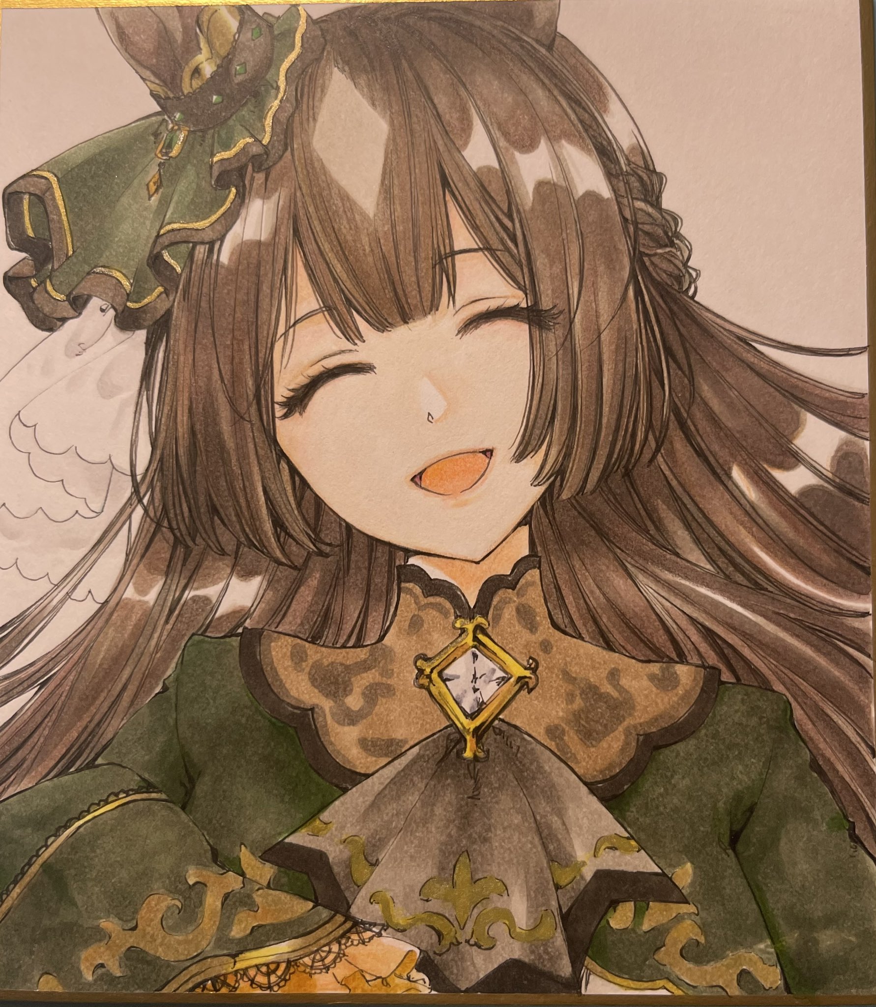 sakurawma, satono diamond (natural brilliance) (umamusume), satono diamond (umamusume), umamusume, highres, 1girl, animal ears, ascot, blush, bow, braid, breasts, brown ascot, brown hair, double-parted bangs, ear ornament, ear ribbon, hair between eyes, half up braid, half updo, horse ears, horse girl, large breasts, long hair, long sleeves, looking at viewer, multicolored hair, open mouth, sleeves past fingers, sleeves past wrists, smile, solo, streaked hair, very long hair