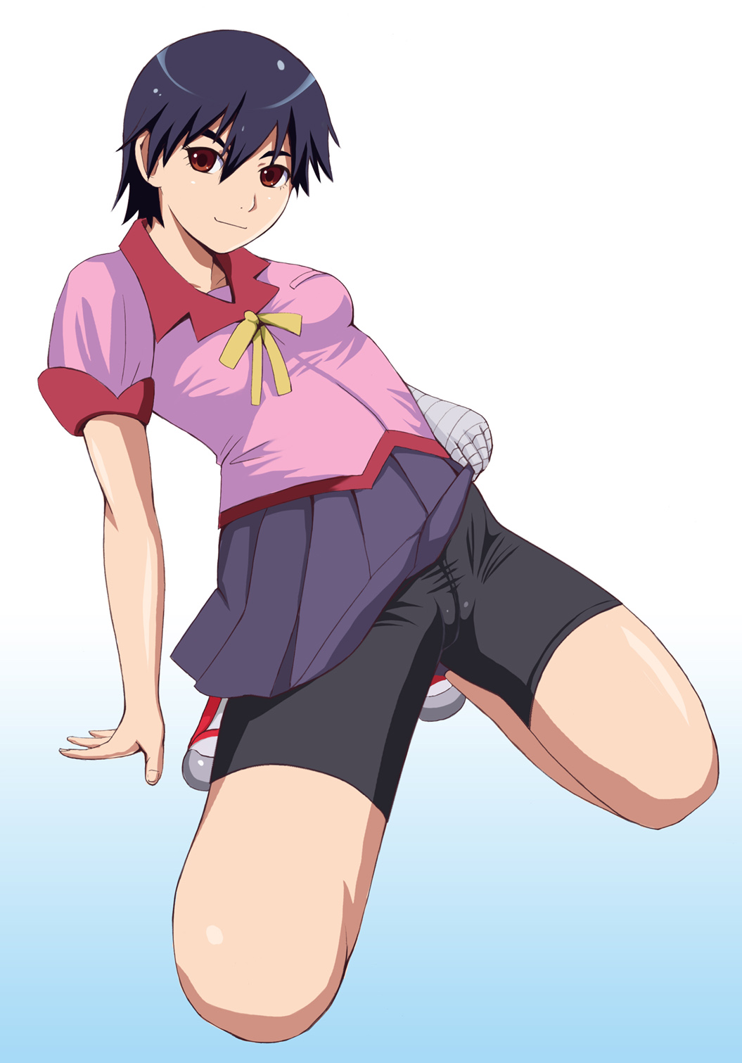 mimura kaoru, kanbaru suruga, bakemonogatari, monogatari (series), highres, 00s, 1girl, bandaged arm, bandages, bike shorts, black hair, blue hair, brown eyes, cameltoe, clothes lift, female focus, full body, gradient background, kneeling, red eyes, shoes, short hair, short sleeves, skirt, skirt lift, solo