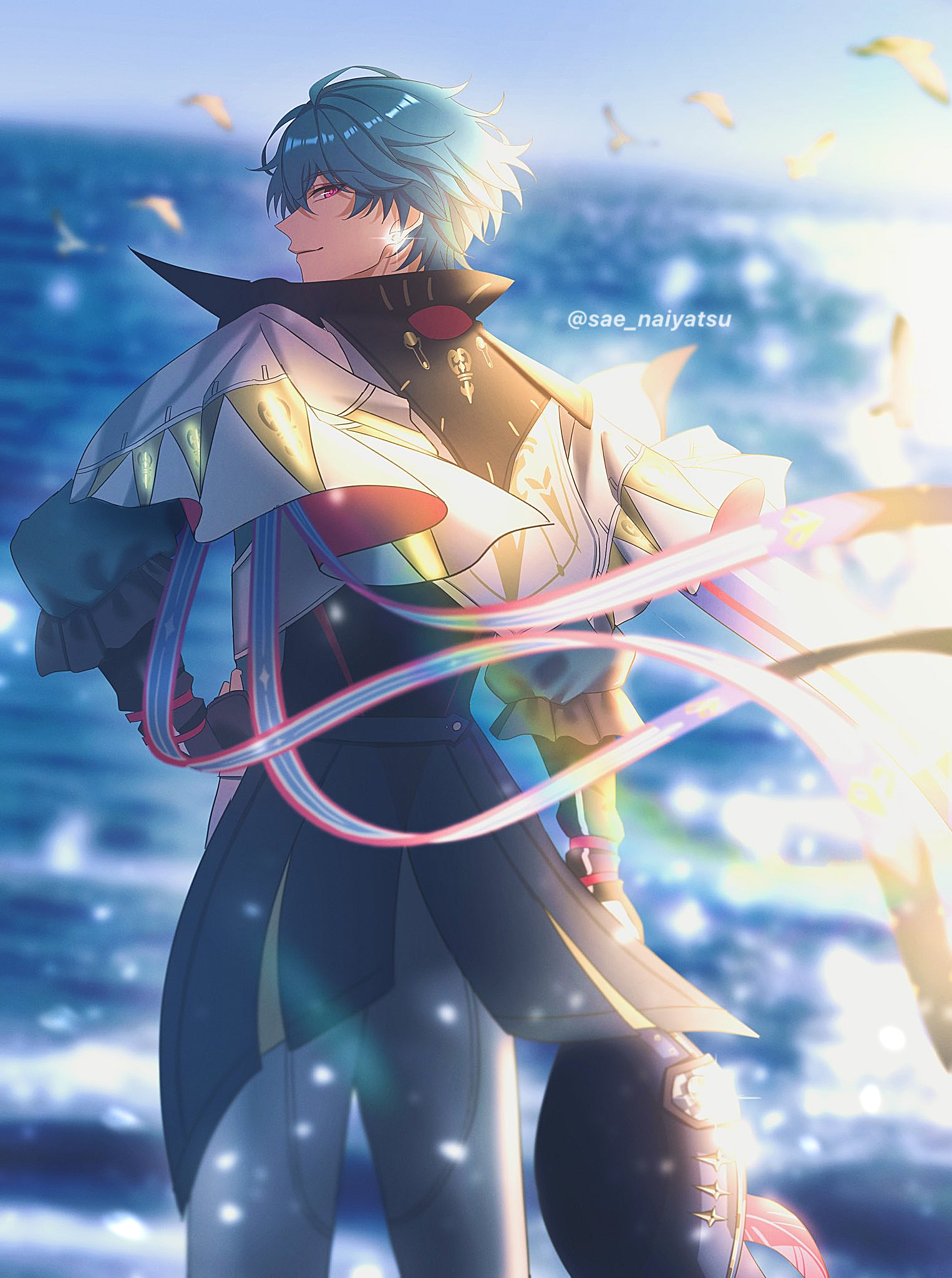 brant (wuthering waves), wuthering waves, commentary, english commentary, highres, 1boy, blue hair, blurry, blurry background, closed mouth, earrings, from behind, grey pants, hand on own hip, hat, holding, holding unworn clothes, holding unworn hat, jewelry, looking at viewer, looking back, male focus, ocean, outdoors, pants, pink eyes, sae naiyatsu, short hair, sideways glance, solo, standing, unworn hat, unworn headwear