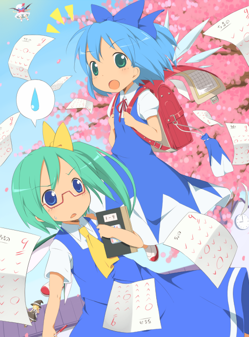 kareha aki, cirno, daiyousei, kirisame marisa, remilia scarlet, embodiment of scarlet devil, touhou, backpack, bag, bespectacled, book, cherry blossoms, circled 9, glasses, homework, randoseru, sweatdrop