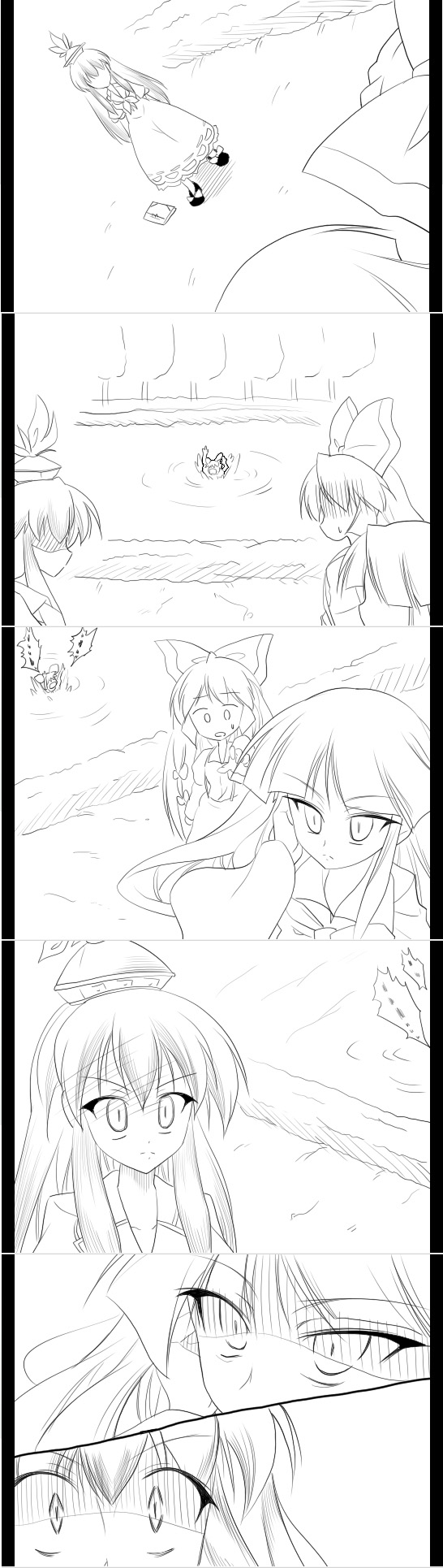 hachi (chihagura), fujiwara no mokou, houraisan kaguya, inaba tewi, kamishirasawa keine, touhou, artist request, highres, long image, tall image, asphyxiation, blush, comic, drowning, female focus, frown, greyscale, monochrome, shaded face, silent comic