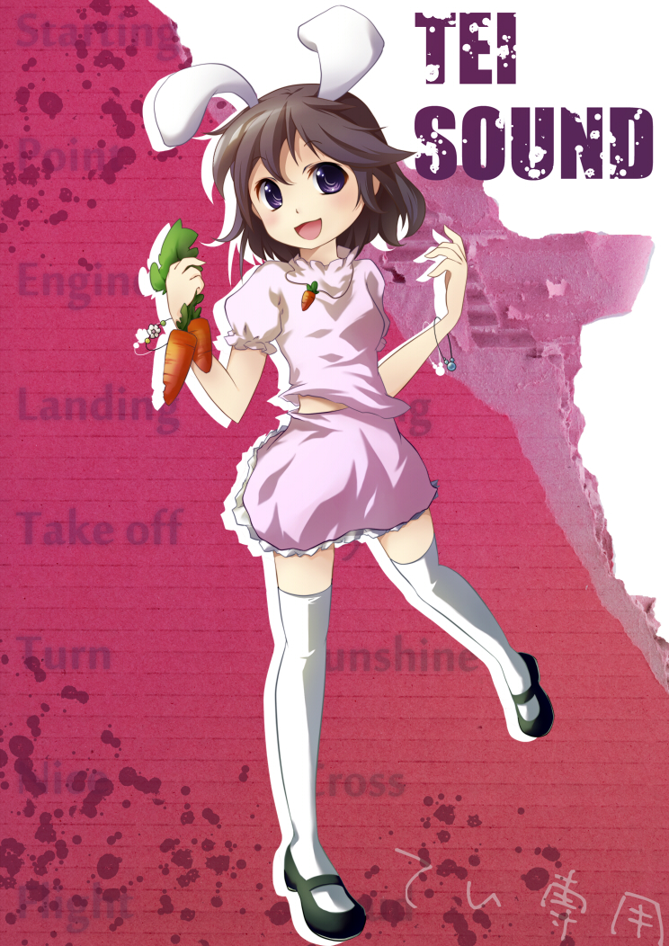 seseragi, inaba tewi, touhou, bad id, bad pixiv id, 1girl, animal ears, brown hair, carrot, female focus, full body, mary janes, purple eyes, rabbit ears, shoes, short hair, solo, standing, thighhighs, zettai ryouiki