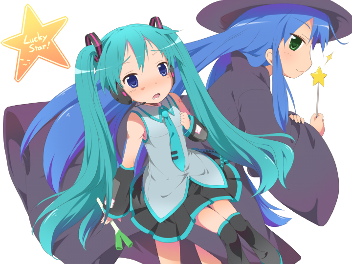 kareha aki, hatsune miku, hiiragi kagami, izumi konata, nagato yuki, lucky star, suzumiya haruhi no yuuutsu, vocaloid, cosplay, hat, hatsune miku (cosplay), nagato yuki (cosplay), spring onion, thighhighs, twintails, wand, witch hat