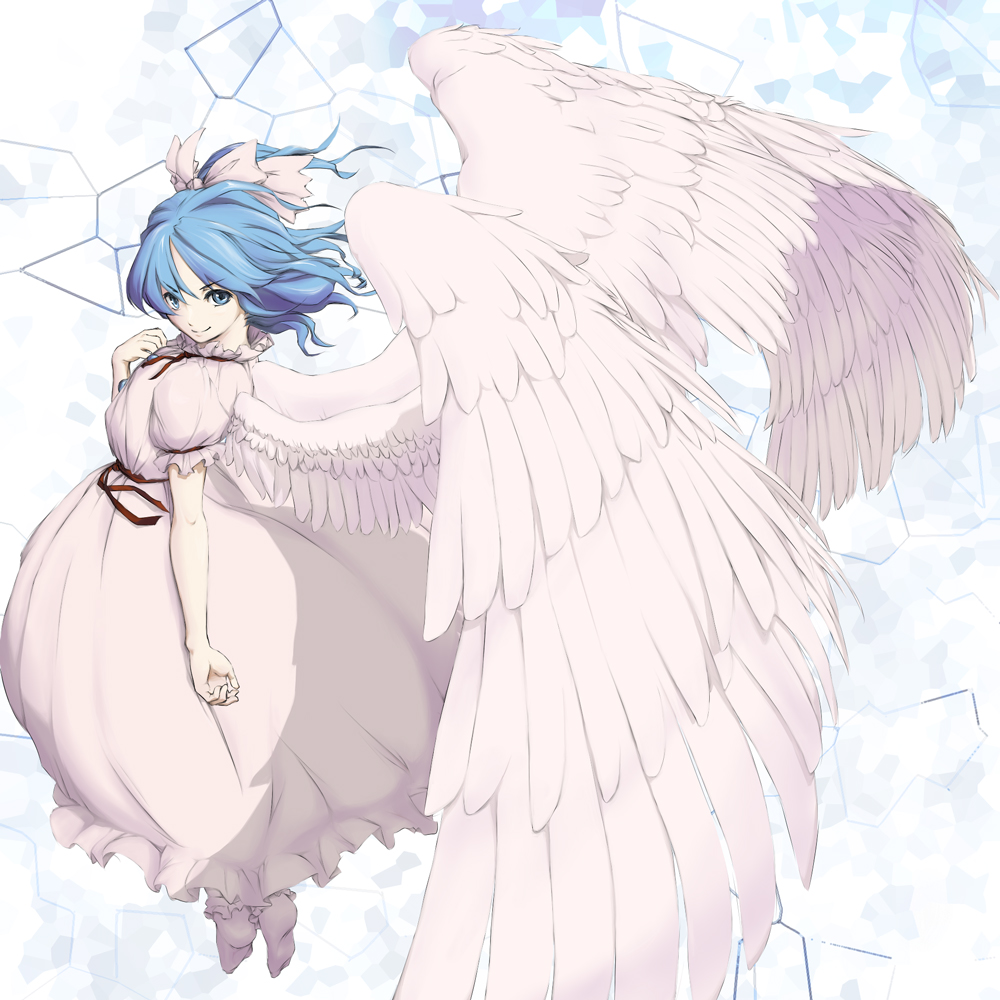 serene (gusarme), serene (pixiv66339), mai (touhou), mystic square, touhou, touhou (pc-98), 1girl, angel wings, blue eyes, blue hair, dress, female focus, hair ribbon, half updo, matching hair/eyes, ribbon, socks, solo, white dress, wings, witch