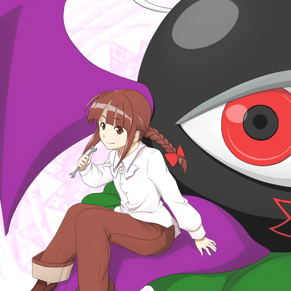 serene (gusarme), serene (pixiv66339), evil eye sigma, rika (touhou), the story of eastern wonderland, touhou, touhou (pc-98), 1girl, braid, brown eyes, brown hair, female focus, hair ribbon, long sleeves, pants, ribbon, shirt, solo, twin braids, wrench