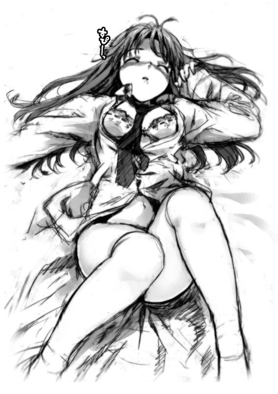 ootomo takuji, 1girl, bottomless, bra, censored, closed eyes, convenient censoring, convenient leg, female focus, greyscale, lingerie, lying, monochrome, navel, necktie, open clothes, open shirt, shirt, sketch, solo, underwear