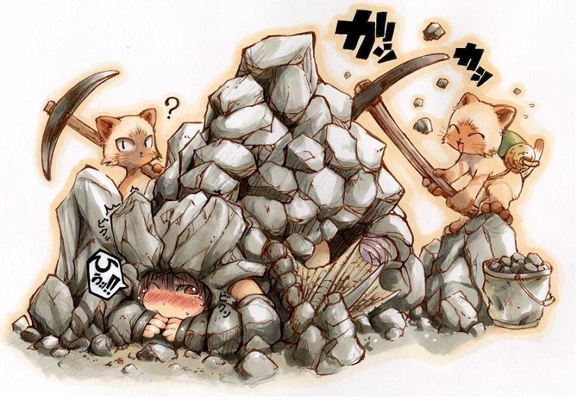 basarios, felyne, capcom, monster hunter (series), artist request, 1girl, 2others, ?, animal ears, blush, bucket, cat, dragon wings, monster girl, multiple others, one eye closed, personification, rock, smile, whiskers, wings, wink