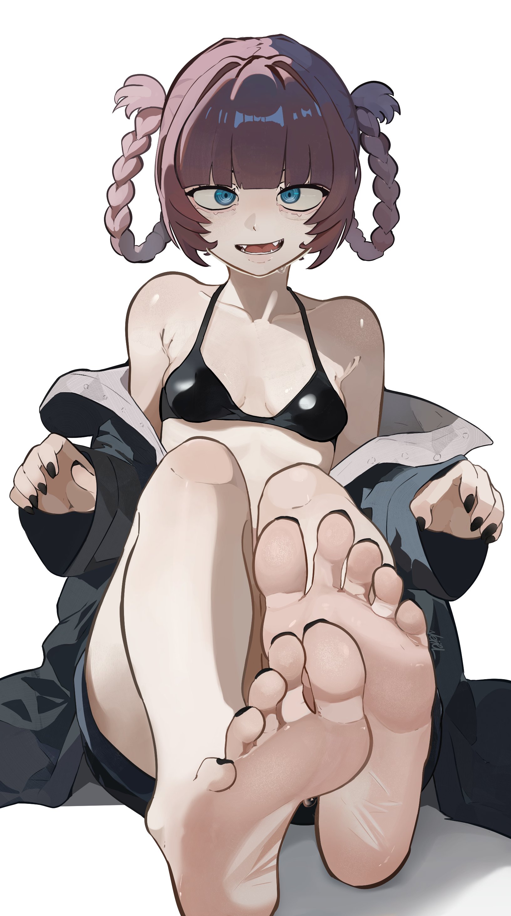 veiiel, nanakusa nazuna (yofukashi no uta), yofukashi no uta, highres, 1girl, barefoot, blue eyes, braid, feet, long hair, looking at viewer, open mouth, soles, toes, twin braids