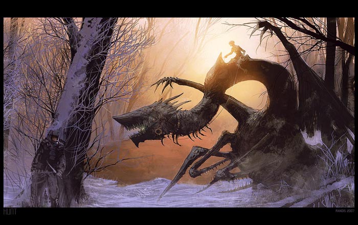 randis, 2boys, creature, dragon, fangs, fantasy, forest, horns, knife, lake, leash, monster, multiple boys, nature, riding, scenery, snow, sunset, tree, wings, winter
