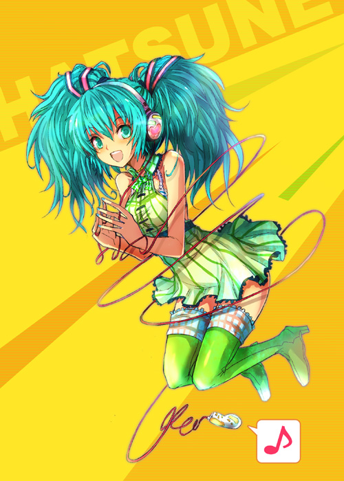 kara (color), hatsune miku, vocaloid, 1girl, aqua eyes, aqua hair, aqua nails, boots, female focus, green boots, headphones, knee boots, legs, long hair, nail polish, skirt, smile, solo, thighhighs, twintails, zettai ryouiki