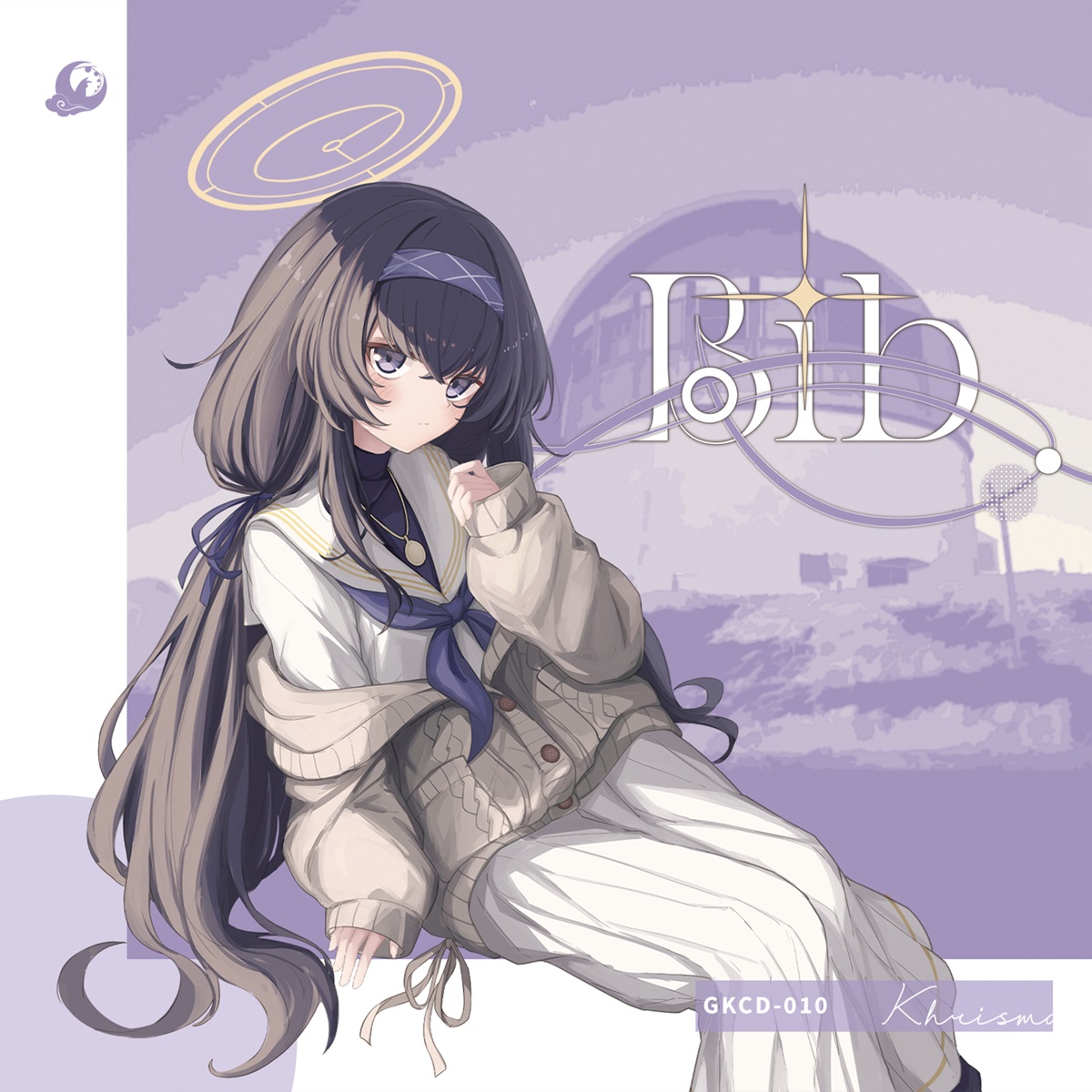 ui (blue archive), blue archive, commentary request, highres, second-party source, 1girl, album cover, arm support, bags under eyes, black hair, black shirt, buttons, closed mouth, cover, crossed bangs, feet out of frame, hair between eyes, hair ribbon, hairband, halo, hand up, invisible chair, jewelry, long hair, long skirt, long sleeves, looking at viewer, low twintails, neckerchief, necklace, off shoulder, pinching sleeves, pleated skirt, puffy long sleeves, puffy sleeves, purple eyes, purple hairband, purple neckerchief, purple ribbon, purple sweater, ribbon, sailor collar, school uniform, serafuku, shirayui (shirakawaui), shirt, shirt under shirt, signature, sitting, skirt, sleeves past wrists, solo, sweater, turtleneck, turtleneck shirt, twintails, white sailor collar, white shirt, white skirt, yellow halo