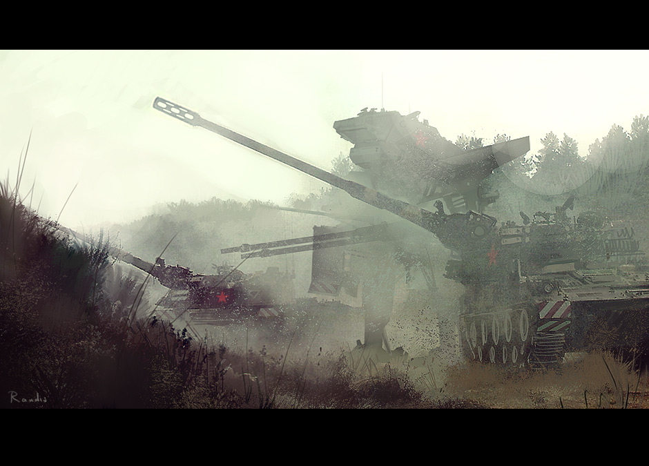 randis, original, army, cannon, caterpillar tracks, dirt, dust, forest, grass, letterboxed, mecha, military, military vehicle, motor vehicle, nature, no humans, red star, robot, scenery, sky, star (symbol), tank, tree, vehicle focus, war