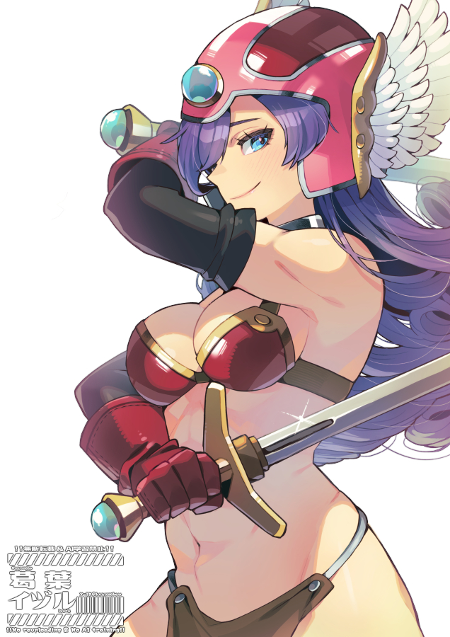 kuzuno ha, warrior (dq3), dragon quest, dragon quest iii, armor, artist name, bikini armor, black sleeves, blue eyes, breasts, cleavage, helmet, holding, holding sword, holding weapon, light smile, long hair, purple hair, revealing swimsuit (dq), simple background, stomach, sword, weapon