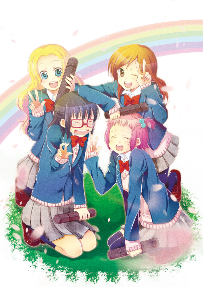 mina m, mochizuki mina, original, 4girls, black hair, blonde hair, blue eyes, blush, brown eyes, closed eyes, glasses, graduation, hair bobbles, hair ornament, happy, kneeling, long hair, multiple girls, one eye closed, pink hair, rainbow, school uniform, short hair, skirt, socks, sweater, tears, v, wink