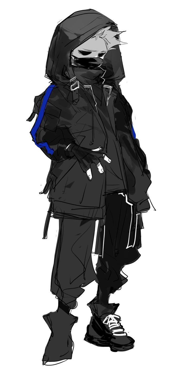 nana (ebitokanimiso), tom (eddsworld), eddsworld, bad id, bad twitter id, highres, inactive account, painttool sai (medium), 1boy, alternate costume, animification, fingerless gloves, gloves, hollow eyes, hood, hood up, hooded jacket, jacket, long sleeves, male focus, mask, monochrome, mouth mask, open clothes, open jacket, pants, shoes, short hair, simple background, sketch, sneakers, solo, spiked hair, techwear, white background