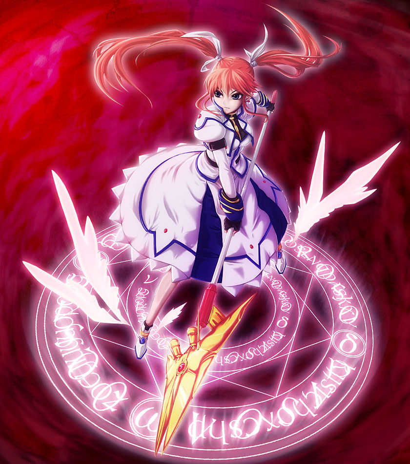 un (le monde-alternatif), raising heart, raising heart (exceed mode), takamachi nanoha, takamachi nanoha (exceed mode), lyrical nanoha, mahou shoujo lyrical nanoha, mahou shoujo lyrical nanoha strikers, uniform, 00s, blue eyes, brown hair, fingerless gloves, gloves, hair ribbon, long hair, magic circle, purple eyes, ribbon, solo, twintails