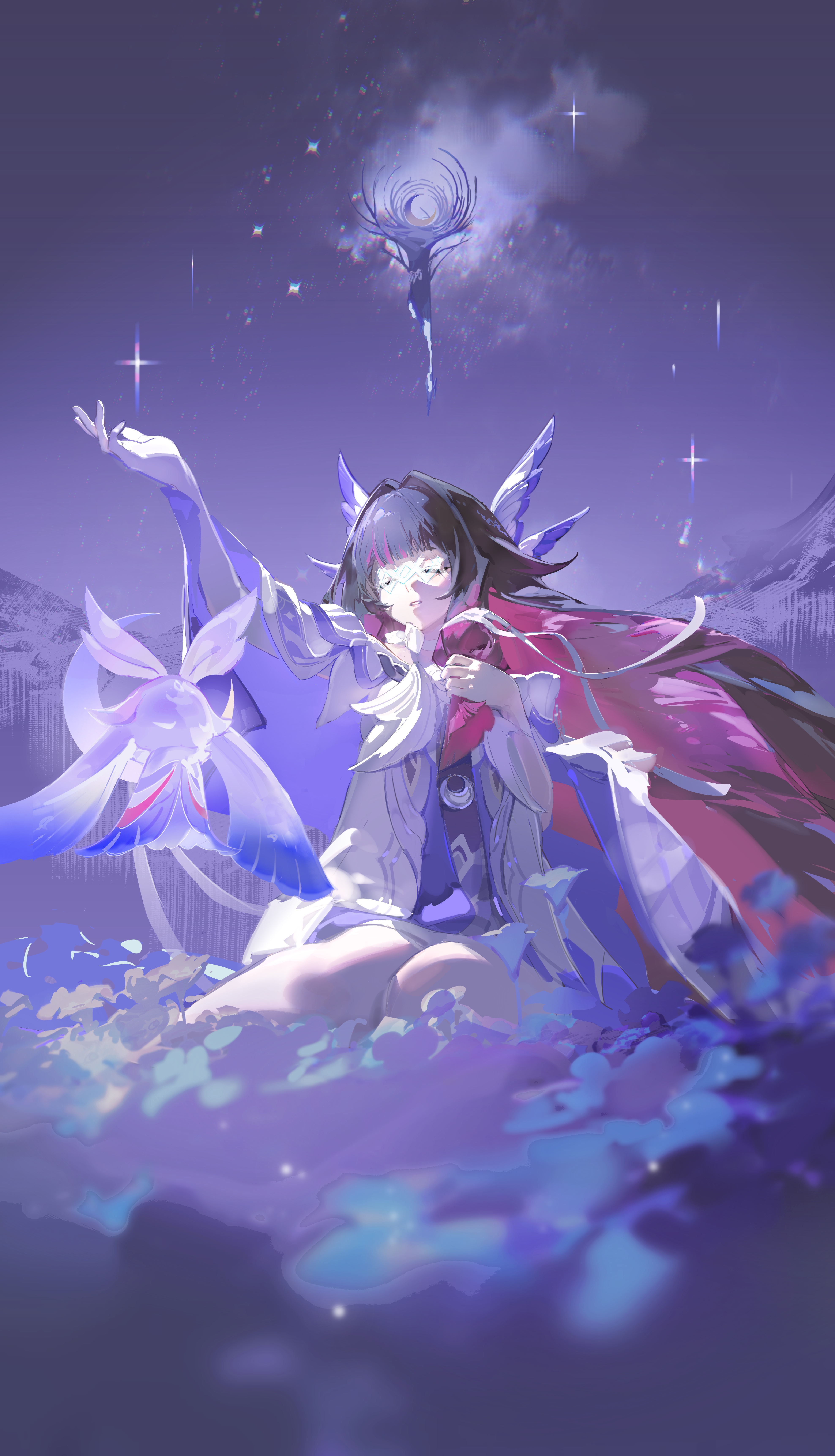 rafaelaaa, columbina (genshin impact), genshin impact, absurdres, chinese commentary, commentary request, highres, 1girl, black hair, closed eyes, dress, eye mask, hair wings, long hair, mask, multicolored hair, night, night sky, parted lips, purple hair, sky, solo, two-tone hair, very long hair, white dress, white wings, wings