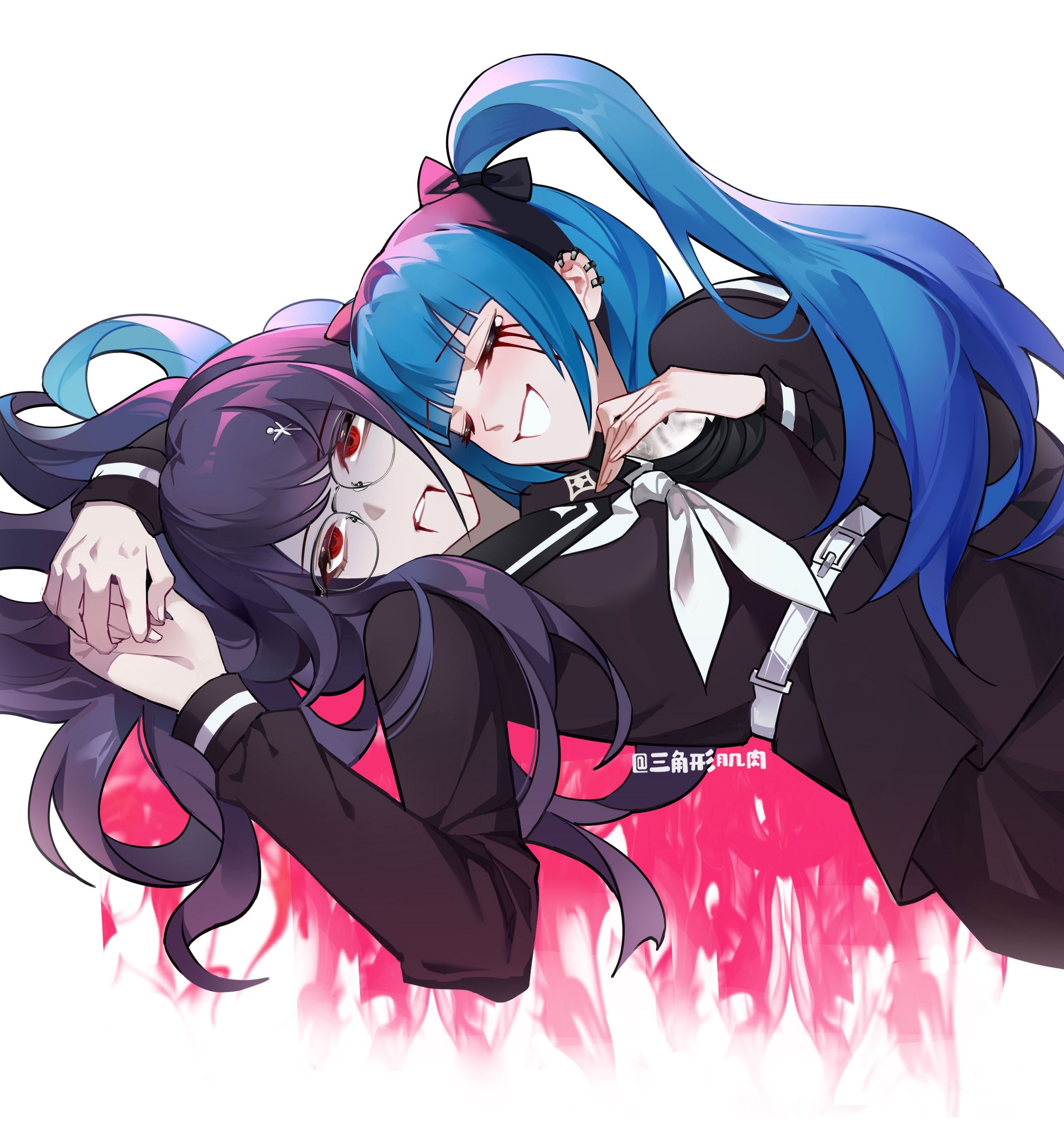 amemiya darumi, shizuhara hiruko, the hundred line -last defense academy-, absurdres, commentary request, highres, 2girls, black bow, black hair, black sailor collar, blood, blood on face, bloody tears, blue hair, bow, closed eyes, ear piercing, glasses, hair bow, holding hands, last defense academy school uniform, long hair, long sleeves, lying, multiple girls, neckerchief, piercing, purple hair, red eyes, sailor collar, sanjio777, school uniform, simple background, twintails, twitter username, white neckerchief