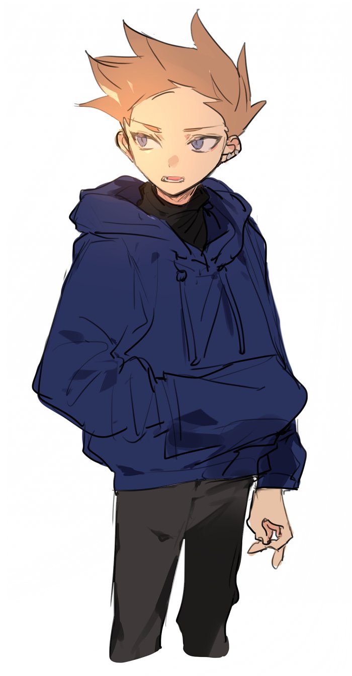 nana (ebitokanimiso), tom (eddsworld), eddsworld, bad id, bad twitter id, highres, inactive account, painttool sai (medium), 1boy, alternate eye color, animification, black pants, blue eyes, brown hair, cropped legs, hand in pocket, hood, hood down, long sleeves, looking to the side, male focus, pants, short hair, simple background, sketch, solo, spiked hair, white background
