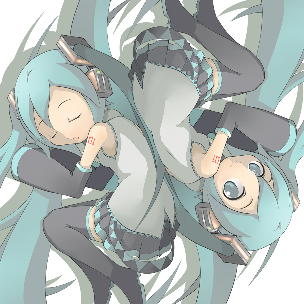 shiitake (mm0820), shiitake (pixiv161411), hatsune miku, vocaloid, bad id, bad pixiv id, 2girls, aqua eyes, aqua hair, clone, detached sleeves, headphones, long hair, lying, multiple girls, necktie, on side, rotational symmetry, skirt, thighhighs, twintails, zettai ryouiki