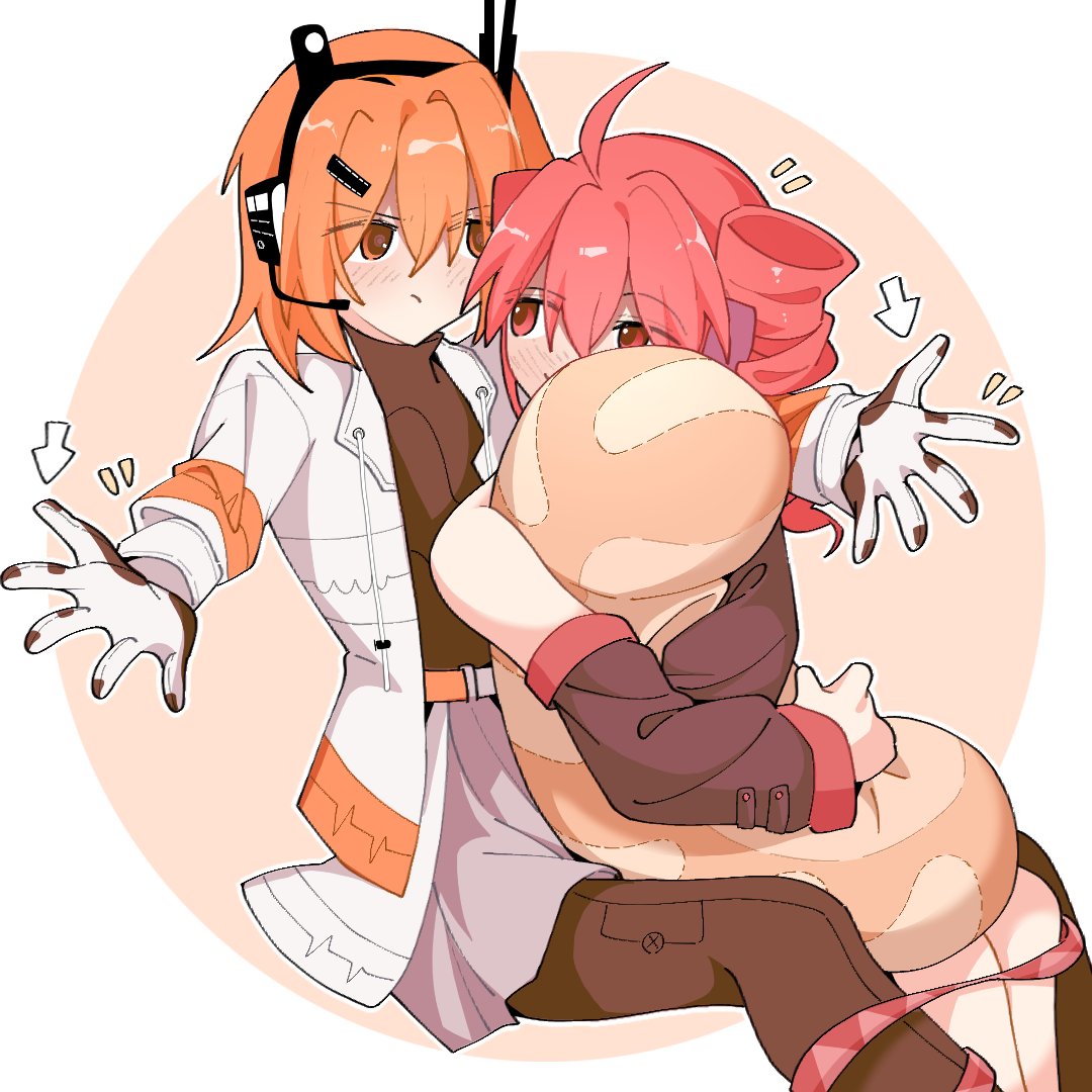 yi xing luren, adachi rei, kasane teto, a.i. voice, utau, 2girls, baguette, blush, bread, coat, detached sleeves, drill hair, food, gloves, hugging object, multiple girls, pillow, pillow hug, red eyes, red hair, twin drills, white gloves, yuri