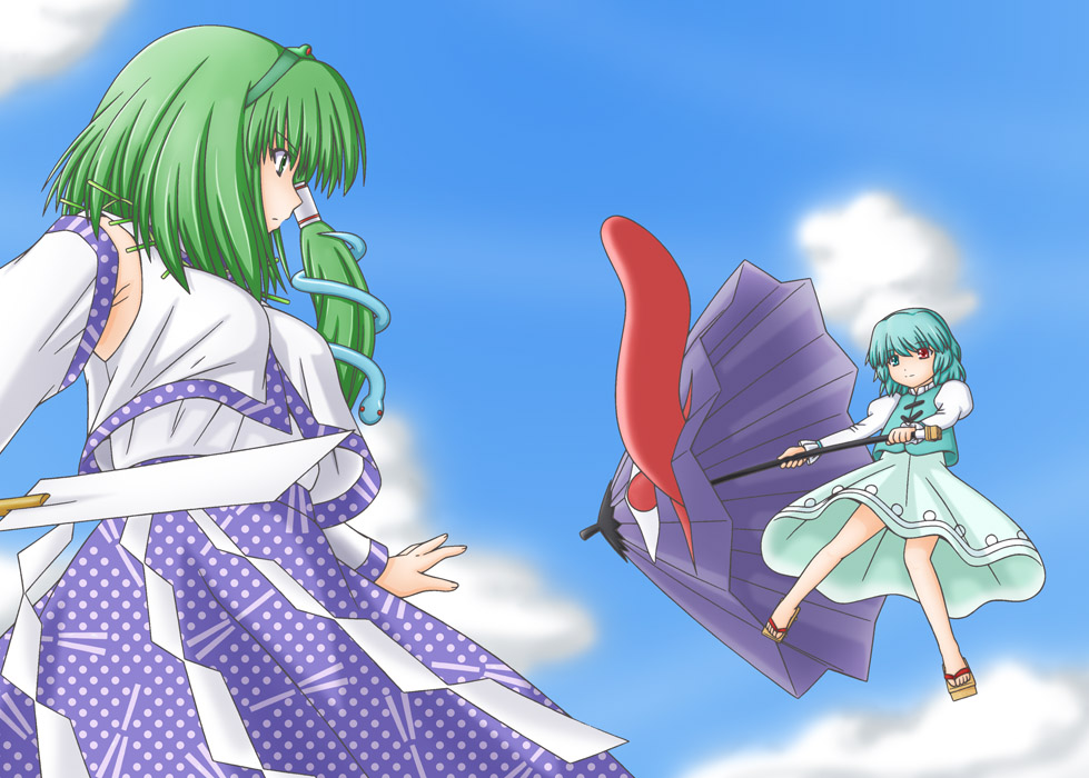 kusanagi ryuuichi, kochiya sanae, tatara kogasa, touhou, 2girls, blue hair, cloud, day, detached sleeves, female focus, flying, geta, green eyes, green hair, hair ornament, heterochromia, japanese clothes, karakasa obake, miko, multiple girls, sandals, short hair, sky, umbrella
