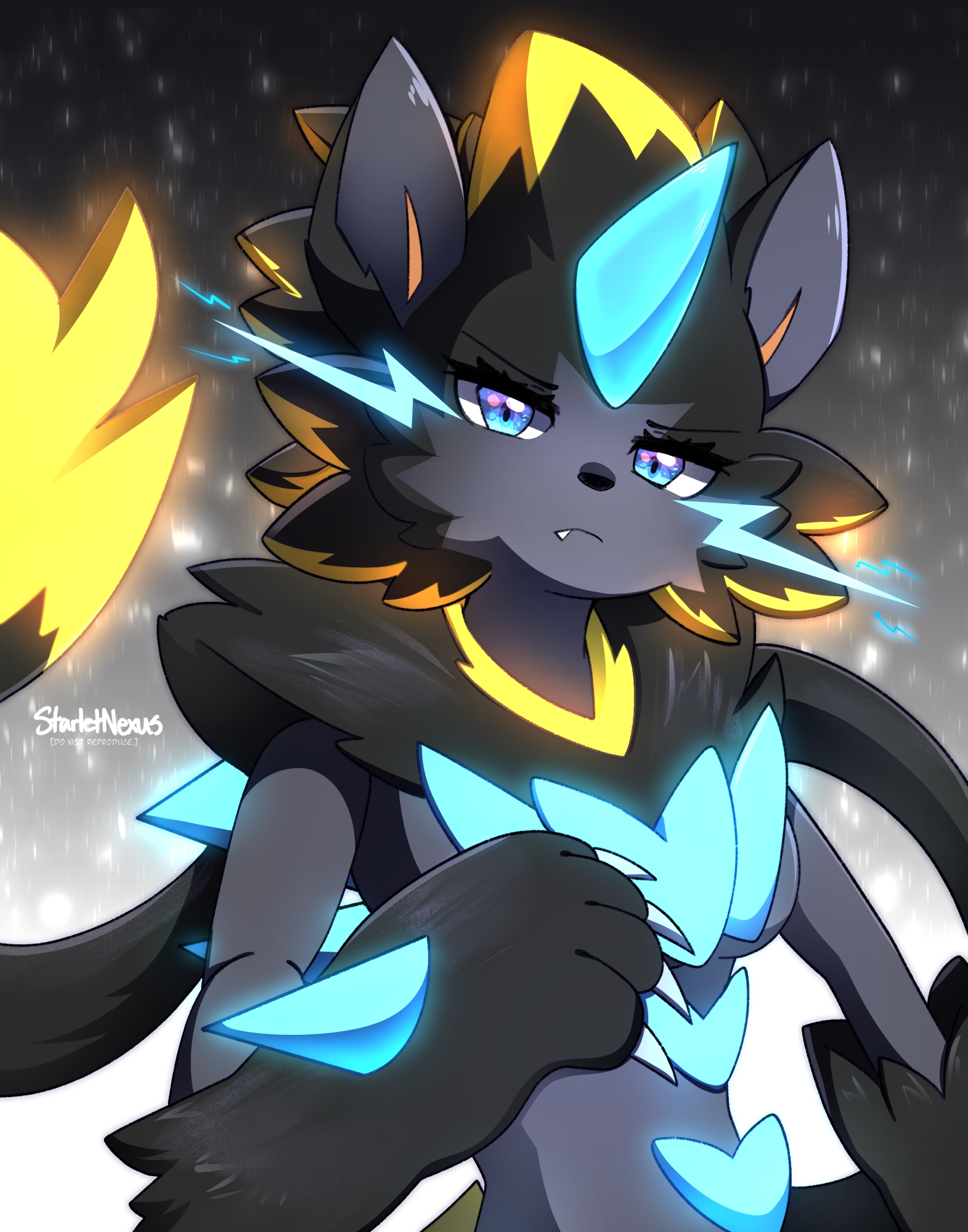 mega zeraora, zeraora, nintendo, pokemon, pokemon legends: z-a, highres, artist name, black fur, blue eyes, claws, gen 7 pokemon, legendary pokemon, looking at viewer, mythical pokemon, pokemon (creature), rain, solo, starlet nexus, tail, upper body