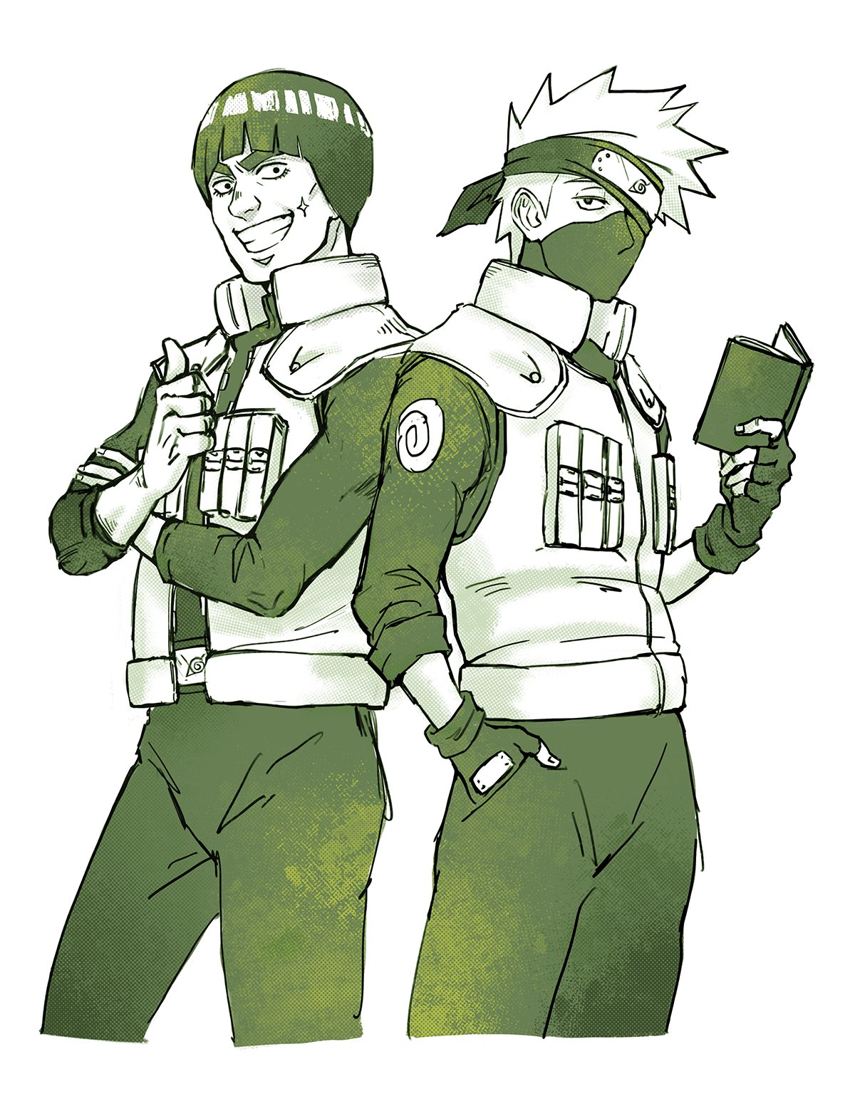 hatake kakashi, might guy, naruto (series), highres, 2boys, blunt bangs, book, bowl cut, cowboy shot, cropped legs, crossed arms, flak jacket, green theme, grin, hand in pocket, headband over one eye, holding, holding book, jacket, konohagakure shinobi uniform, konohagakure symbol, male focus, mask, monochrome, mouth mask, multiple boys, reading, short hair, sleeves rolled up, smile, sparkle, spiked hair, teeth, thick eyebrows, thumbs up, vest, white background, yase sidec