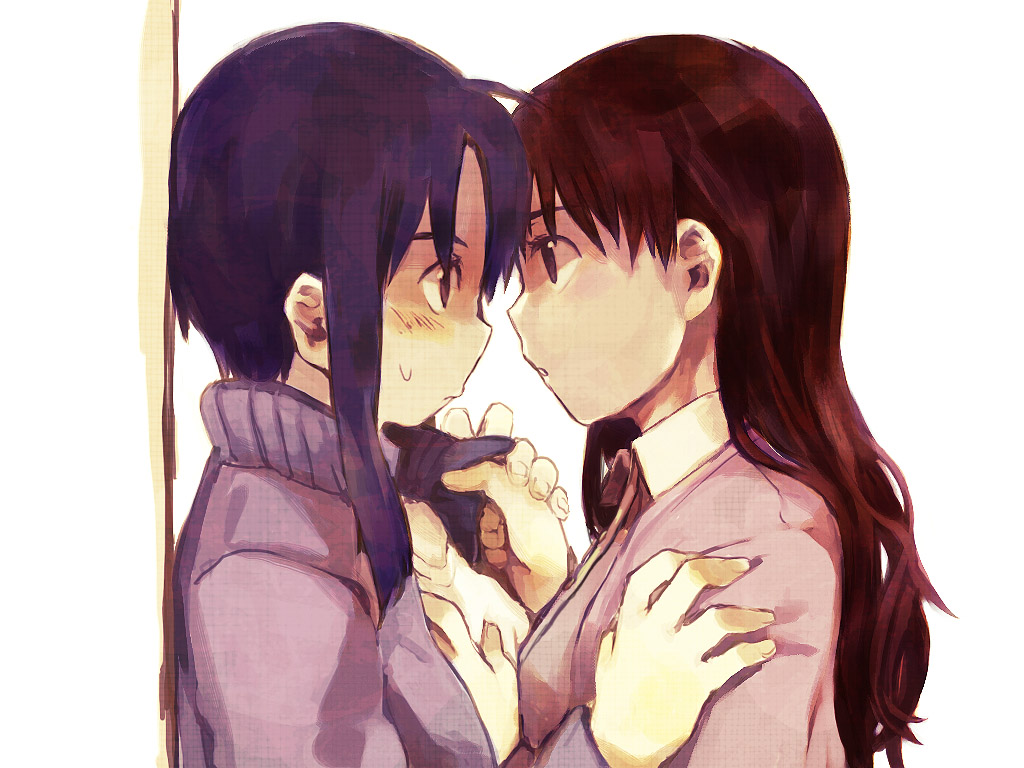 takishima asaka, kurosawa minamo, tanizaki yukari, azumanga daiou, hand on shoulder, 2girls, aged down, blush, breast press, breasts, brown eyes, brown hair, clothes grab, eye contact, female focus, grabbing another's breast, groping, holding hands, jacket, long hair, looking at another, multiple girls, purple hair, shirt grab, short hair, sidelocks, simple background, standing, sweatdrop, symmetrical docking, undressing, yuri
