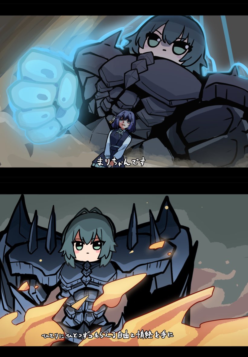 kawamochi (kawauti919), hataya misuzu, obelisk the tormentor, tsukimura temari, gakuen idolmaster, idolmaster, yu-gi-oh!, commentary request, translation request, 2girls, antenna hair, black skirt, black vest, blue eyes, blue hair, clenched hands, green eyes, green hair, hair between eyes, long sleeves, multiple girls, parody, pleated skirt, puffy long sleeves, puffy sleeves, scene reference, shirt, skirt, vest, white shirt